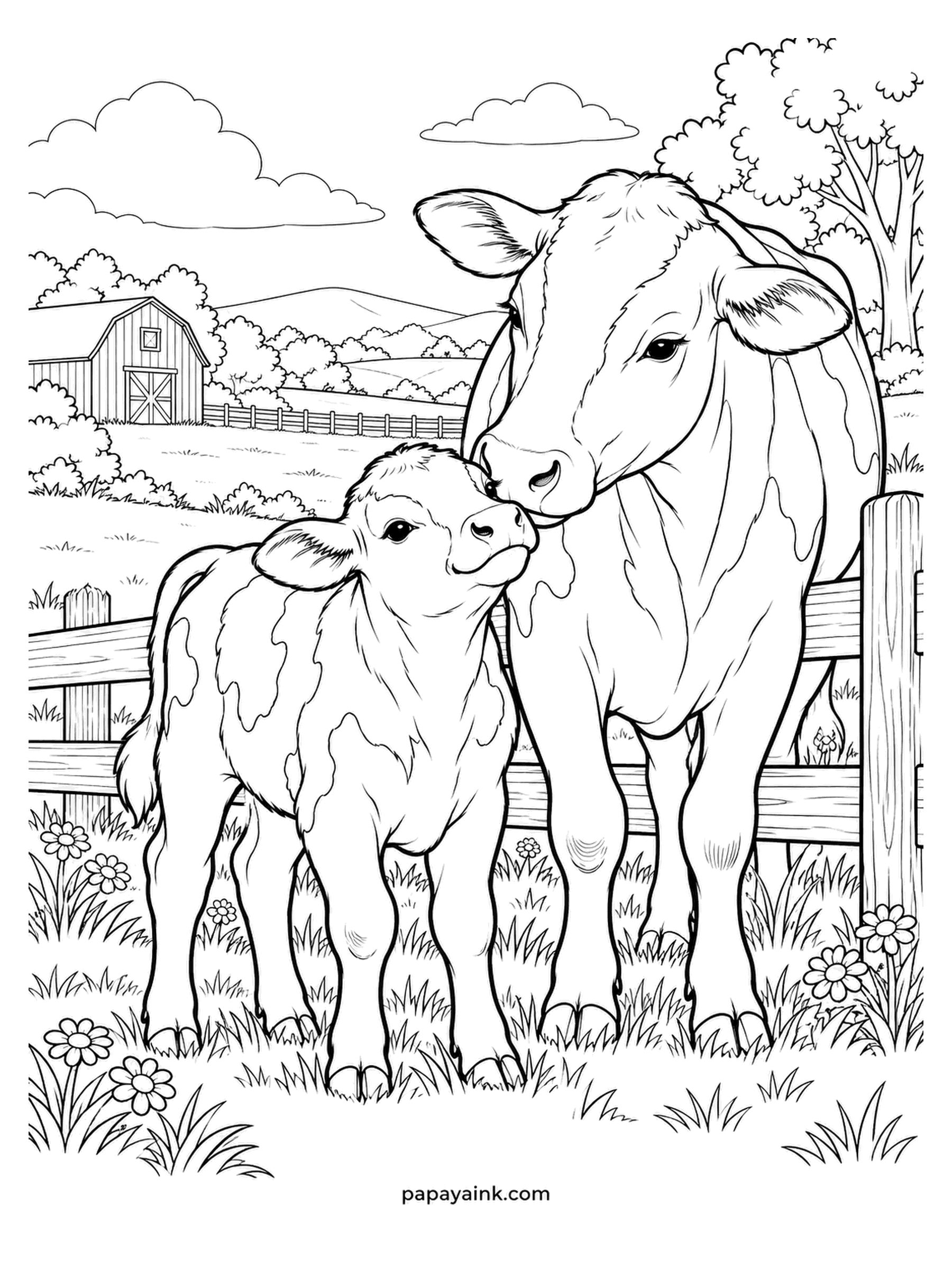 Baby Animal Coloring Pages - Nose to nose at the fence: a Holstein cow greets her calf, barn and hills beyond them. The patches are drawn in, so this one needs little coloring by design - put the color into the grass, the sky and the red barn.