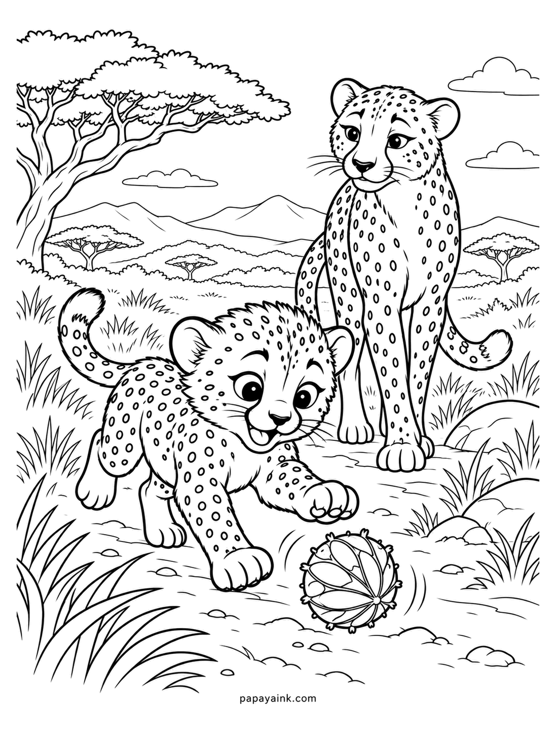 Baby Animal Coloring Pages - A cheetah cub has found a dried melon and is treating it as a football; the mother pretends not to be interested. Cheetah cubs are born with a silvery mantle along the back. Sandy gold with black spots, and the tear lines under the eyes.