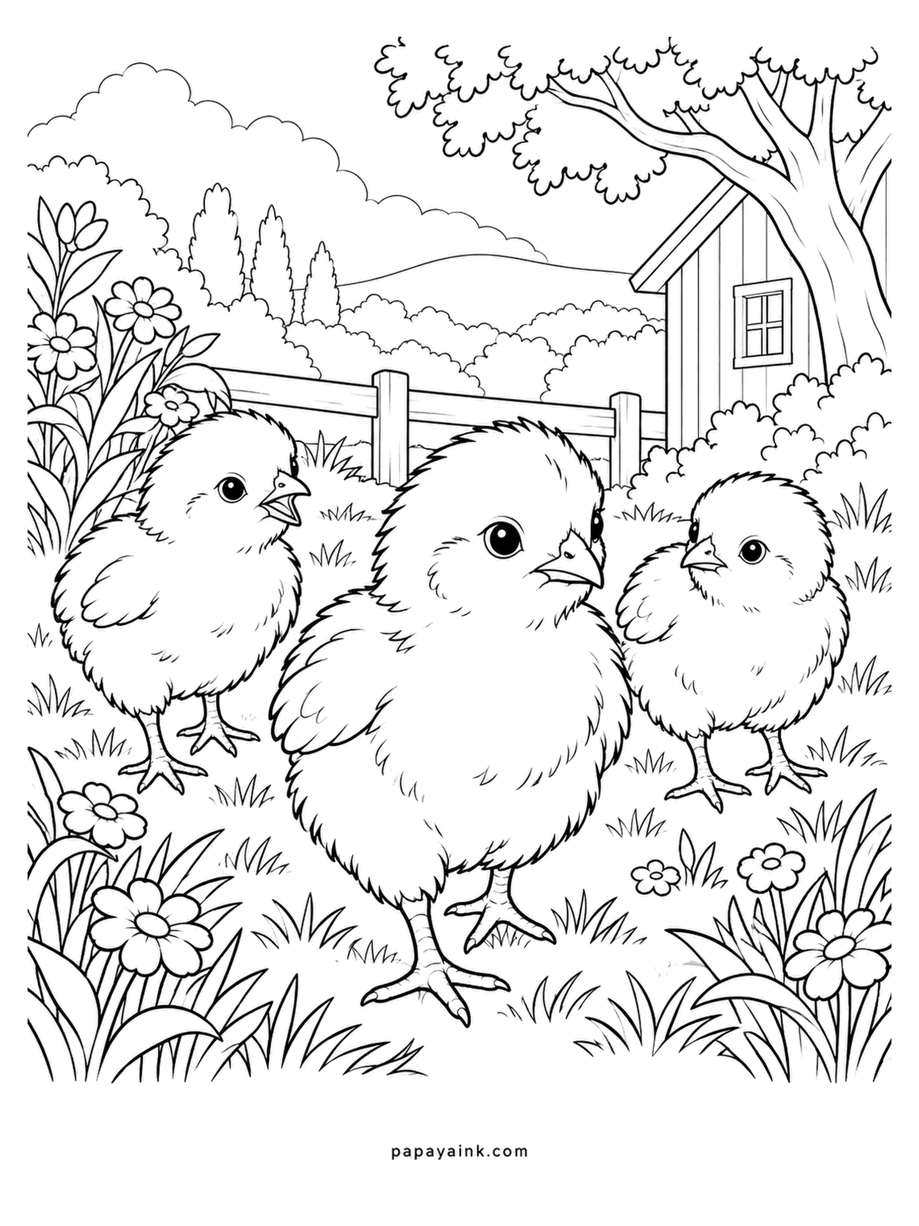 Baby Animal Coloring Pages - Three chicks in the farmyard grass, fluff drawn feather by feather, a henhouse and fence beyond. Yellow is the classic, but real chicks come in buff, sooty and striped too. Keep the beaks and legs a warmer orange than the body. Detailed.