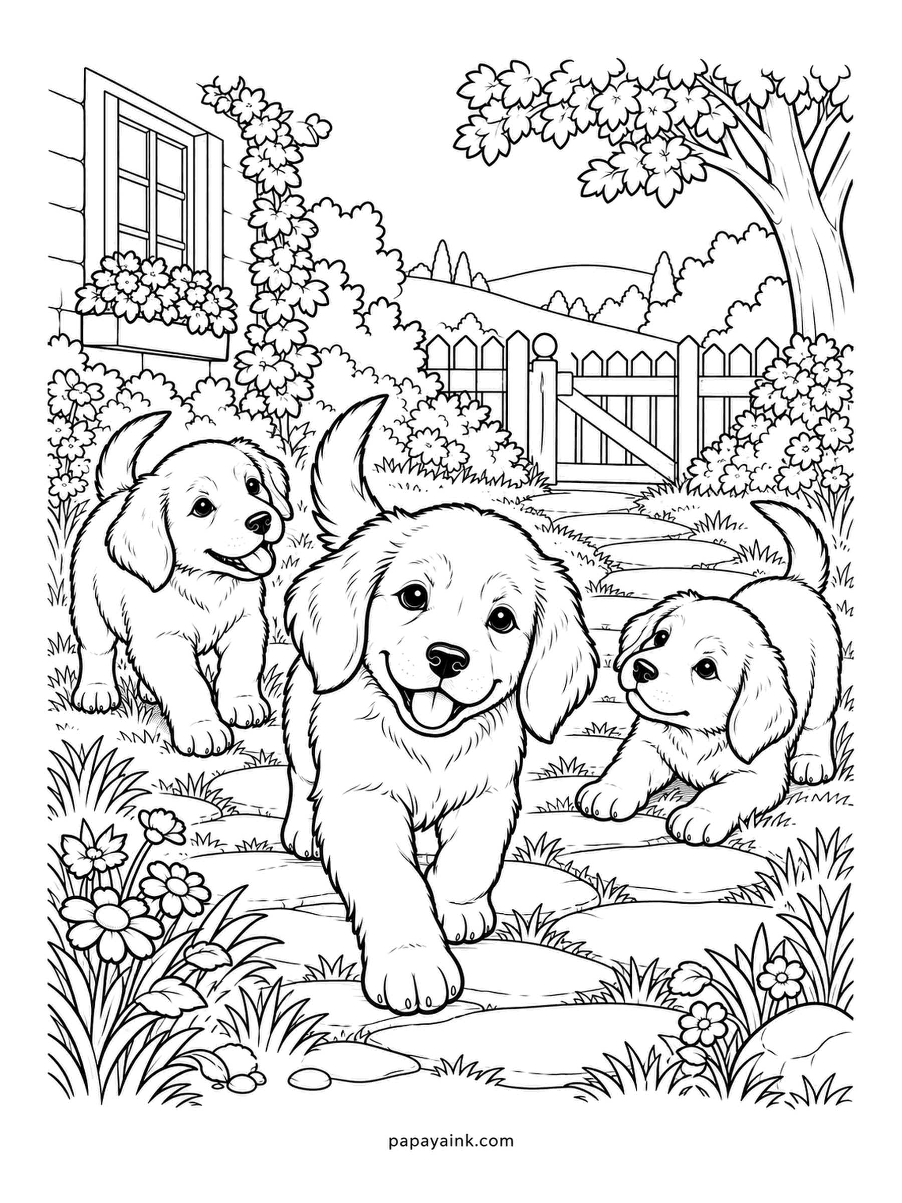 Baby Animal Coloring Pages - Golden retriever puppies pouring out of the garden gate, tongues out, ears flying. Pups this age are all paws and no brakes. A warm honey color for the coats, a touch deeper along the backs and tails.