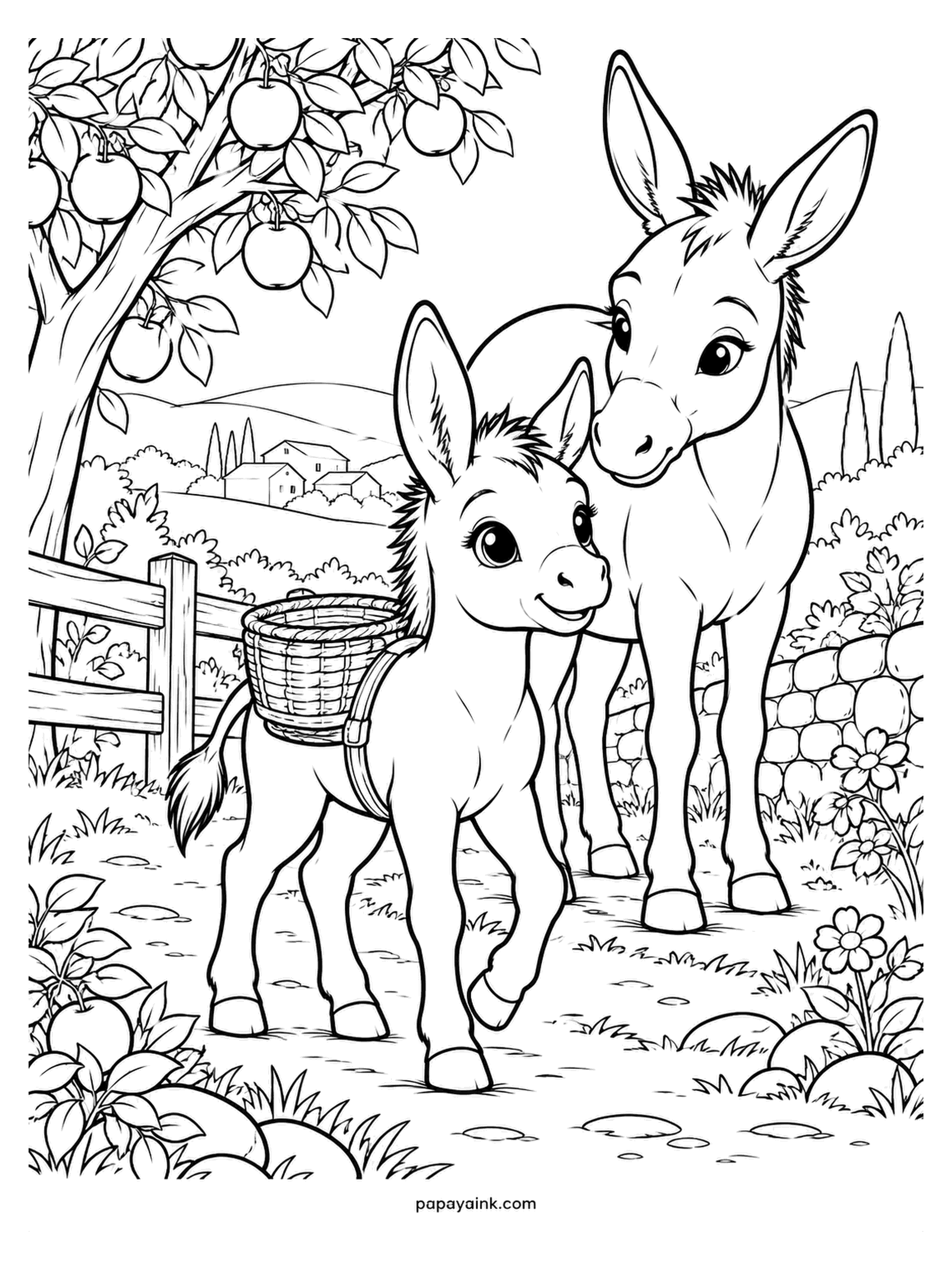 Baby Animal Coloring Pages - Under the apple tree, a donkey foal has been given its first job: a small basket strapped to its back, and a mother who is checking the knots. Donkey foals are born with ears nearly adult size. Gray, brown or dun all look right.