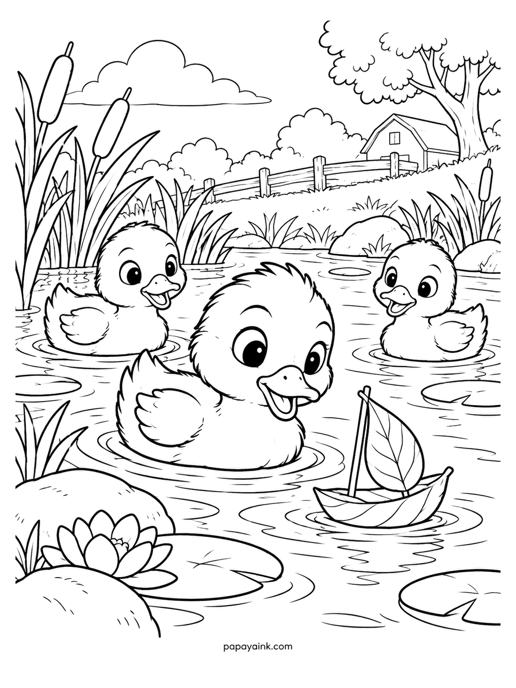 Baby Animal Coloring Pages - Someone has launched a leaf boat with a sail, and three ducklings are escorting it across the pond. Ducklings follow the first moving thing they see after hatching. Lemon with orange bills, cattails and a farmhouse on the shore.