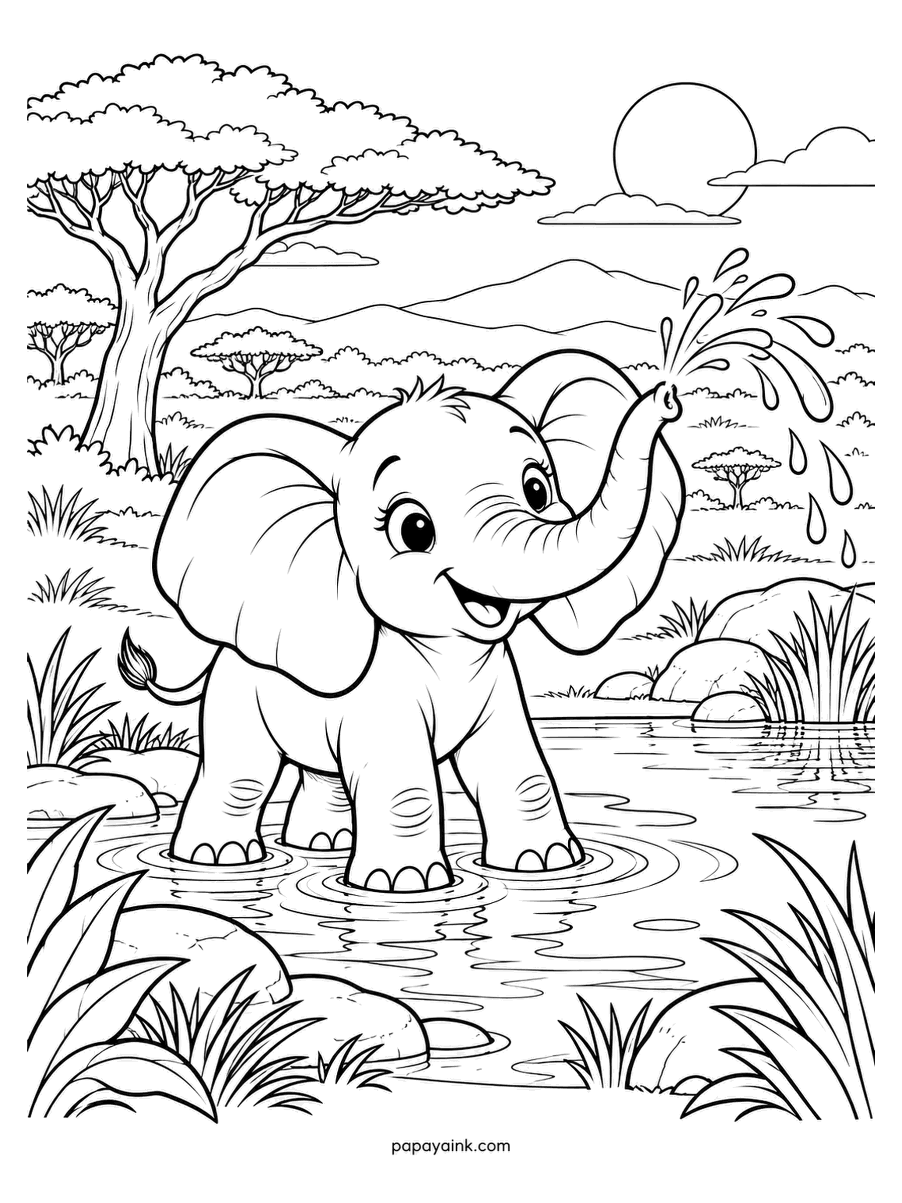 Baby Animal Coloring Pages - Standing in the shallows, trunk straight up, the elephant calf has just worked out what it is for and is spraying everything in range. Calves take months to control it. Soft grey with pink inside the ears, acacias and a low sun behind.