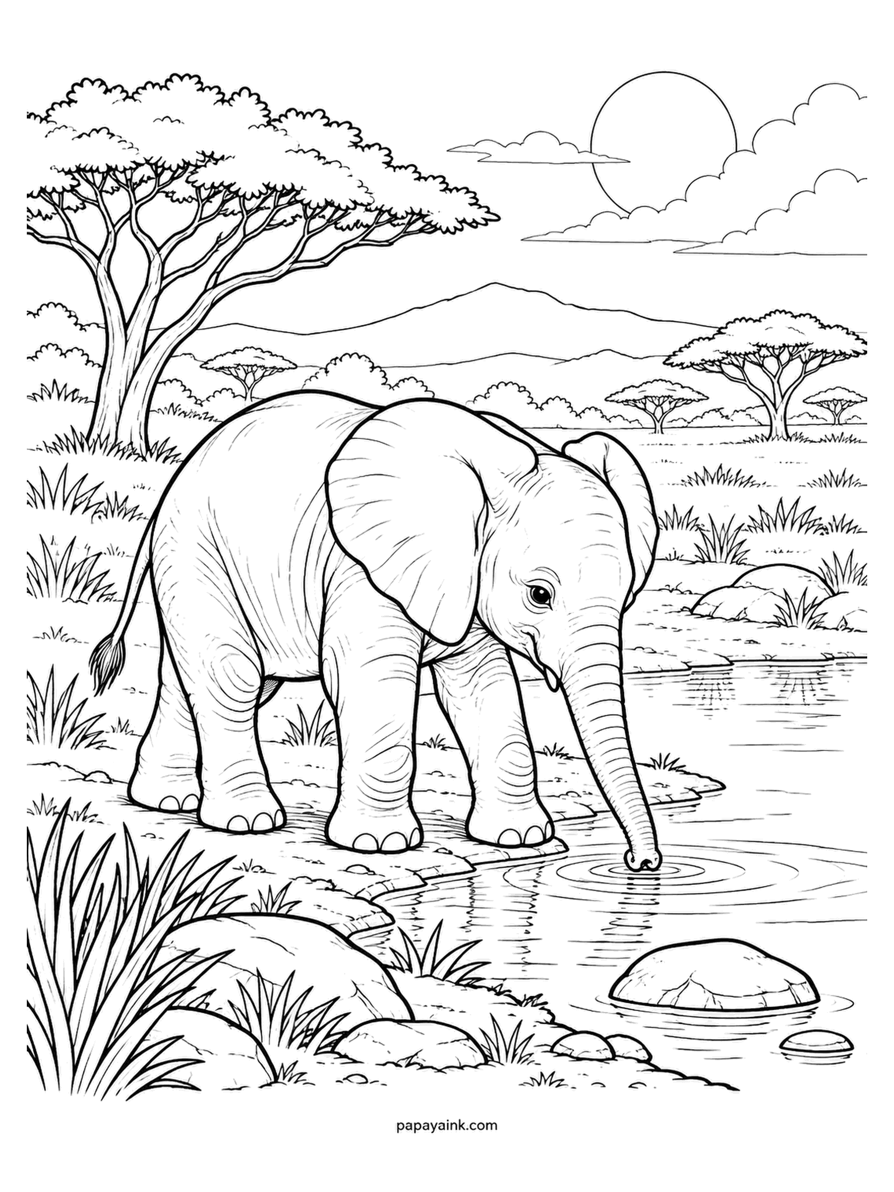 Baby Animal Coloring Pages - An elephant calf at the edge of a waterhole, trunk reaching down for a drink. The wrinkles are mapped in, so a light grey over them is enough; let the folds on the legs and trunk stay darker. Savanna, acacias, hazy hills. Detailed.