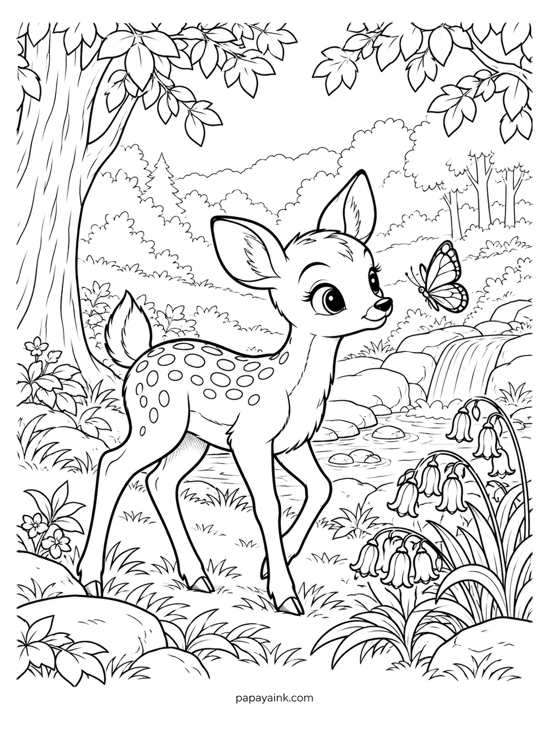 Baby Animal Coloring Pages - Bluebells by the waterfall and a fawn with its ears up at a butterfly. The spots are its camouflage for the first few months, scattered to match sunlight through leaves. Tan body, snow-white spots and the inner ear pale.