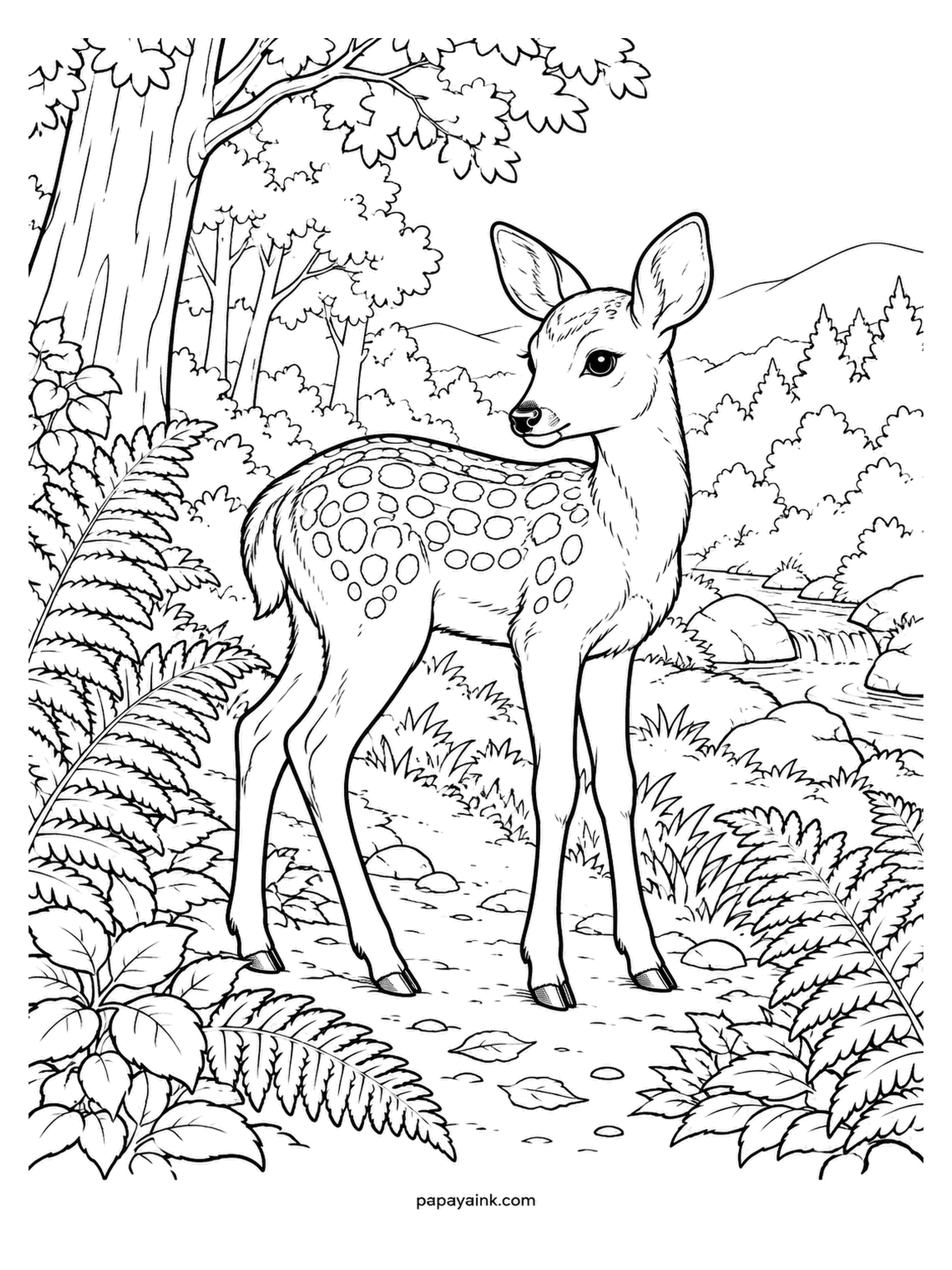 Baby Animal Coloring Pages - Standing still among the ferns, which is what a real fawn does for most of its first weeks while the doe feeds nearby. Rows of dapples run down the back and break up along the sides. Reddish brown, with the spots left uncolored. Detailed.