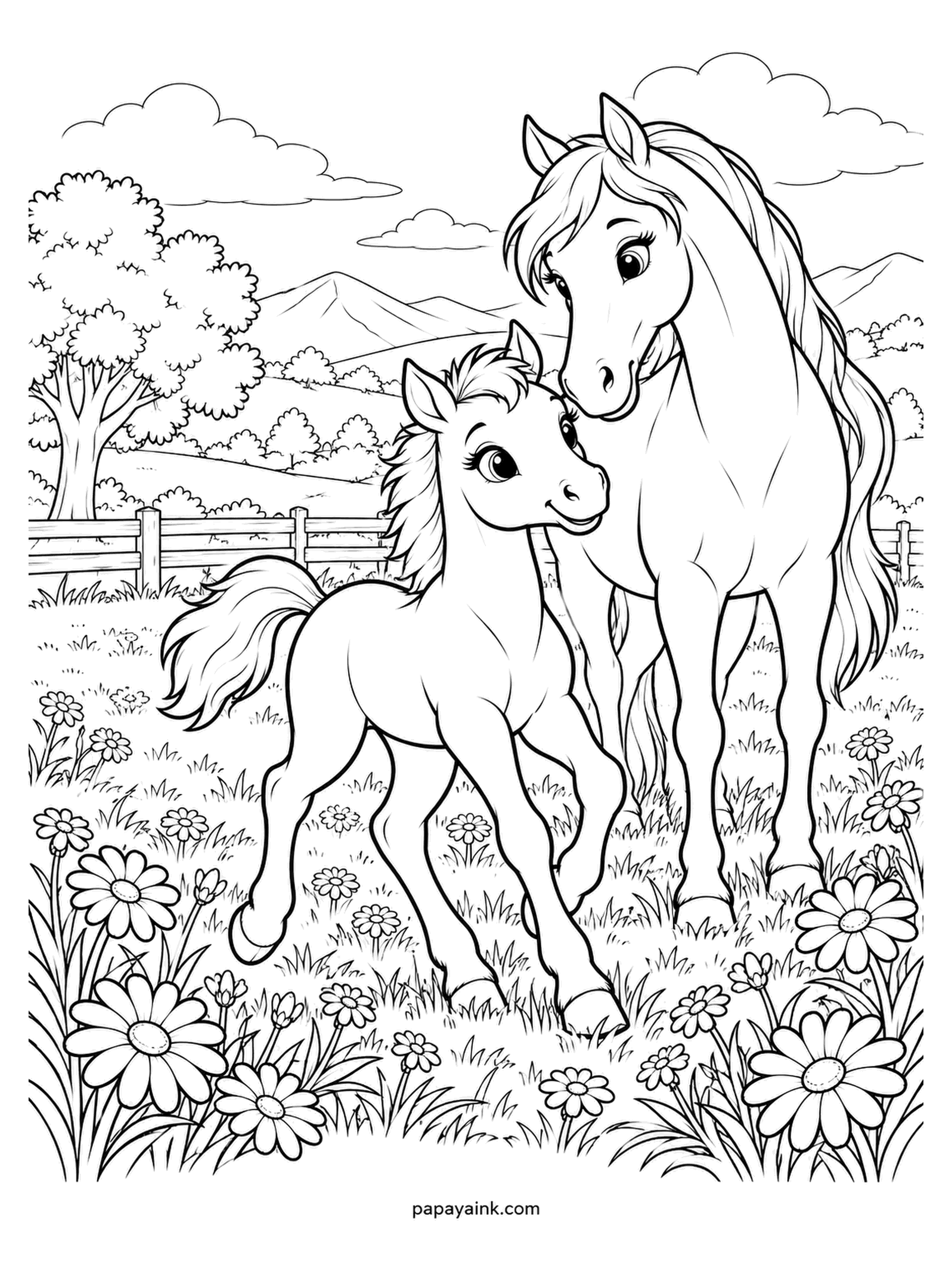 Baby Animal Coloring Pages - Mid-prance with its tail up, the foal has its mother's full attention in a meadow of daisies. Foals spend their first weeks a few steps from the mare. Try a chestnut mare with a lighter foal and a white blaze.