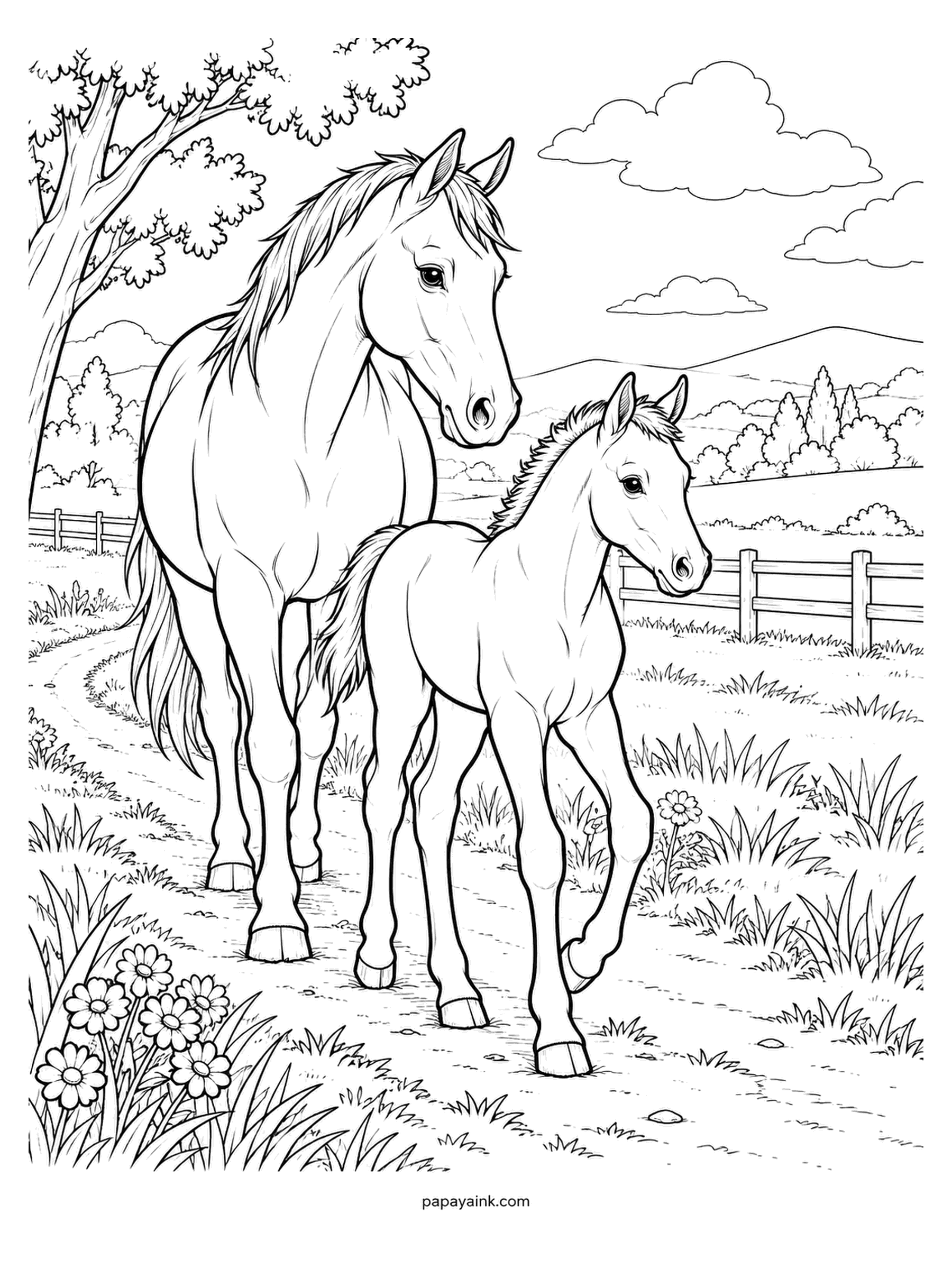 Baby Animal Coloring Pages - Walking the farm track together: the mare with a long flowing mane, the foal with a stubby upright one that will take a year to grow out. Try a dappled gray for the mare and bay for the foal. Detailed.