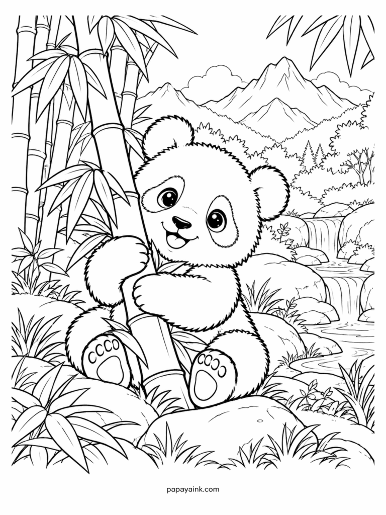 Baby Animal Coloring Pages - Born pink, blind and about the size of a stick of butter, a giant panda cub has clearly moved on to the fluffy stage here: it hugs a bamboo stalk beside the waterfall. Keep the eye patches, ears and shoulders black and the rest white.