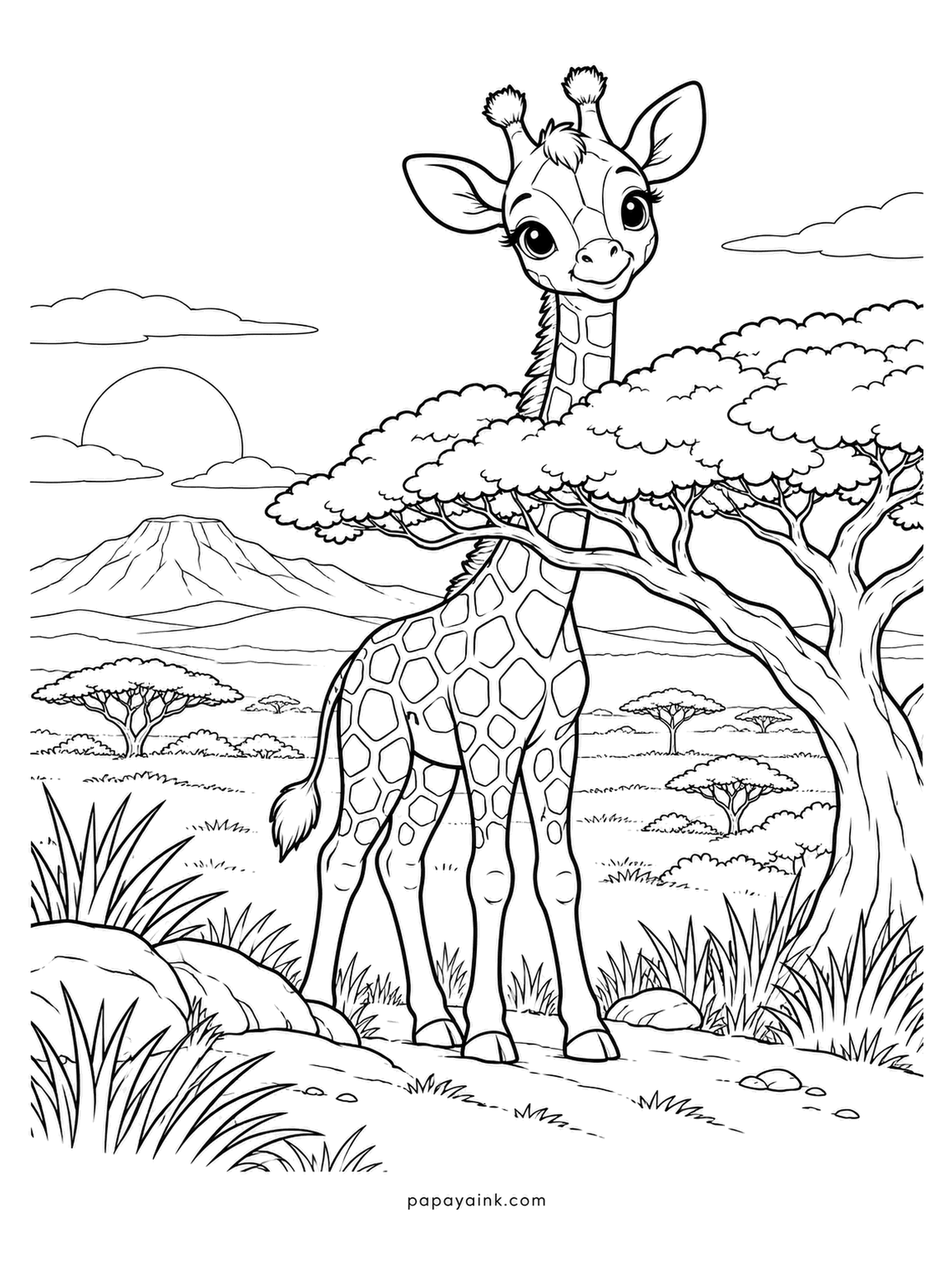 Baby Animal Coloring Pages - Head and horns up above the acacia canopy, the giraffe calf is already taller than the tree it is hiding behind. Newborn giraffes stand at about six feet. Tan patches on ivory, and a golden sun low beside the mountain.