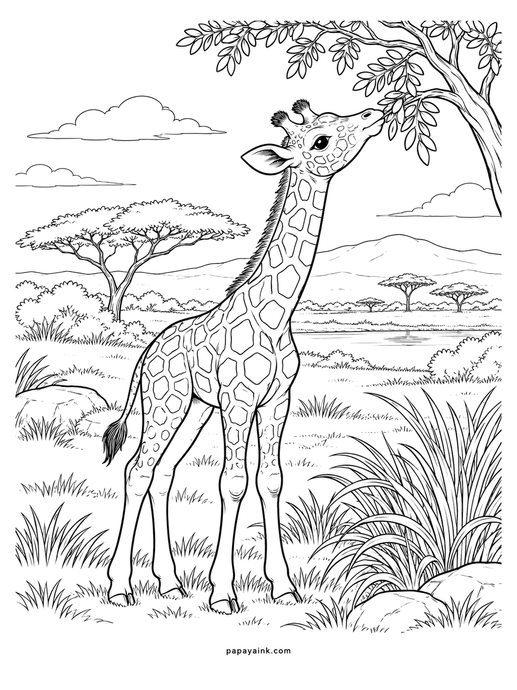 Baby Animal Coloring Pages - Stretching for the lowest acacia leaves, which for a calf is still a reach. The spot pattern is unique to each giraffe and stays the same for life, like a fingerprint. Chestnut patches, a cream web between them, and short tufts of mane. Detailed.