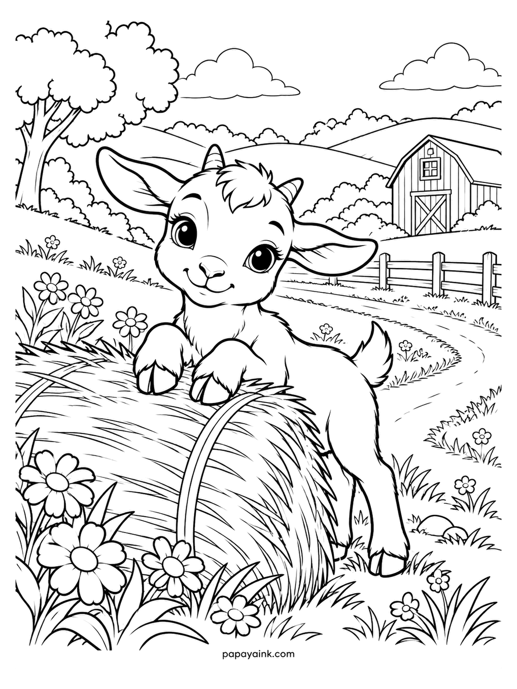 Baby Animal Coloring Pages - Halfway over a hay bale, front hooves planted, tiny horn buds already showing. This kid has made it to the top and is very pleased about it. Cream with tan markings, or dark brown throughout.