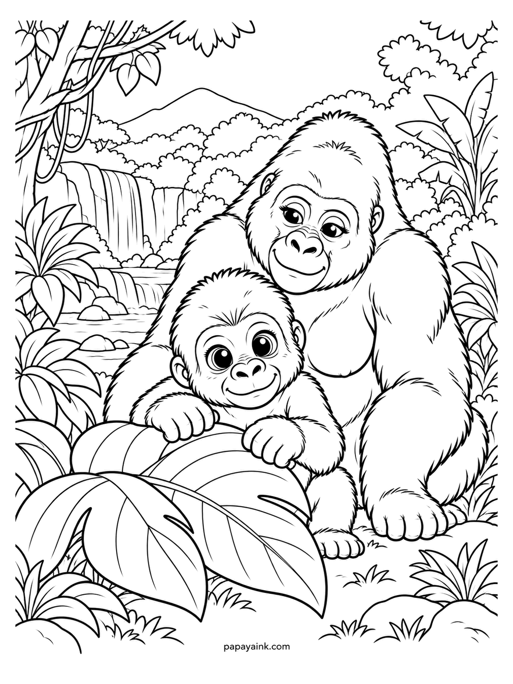 Baby Animal Coloring Pages - The gorilla infant hangs over a big frond while the adult sits behind with a hand on its back. A waterfall and jungle hills fill the distance. Gorilla babies ride on the mother for about three years. Charcoal fur, lighter faces and hands.
