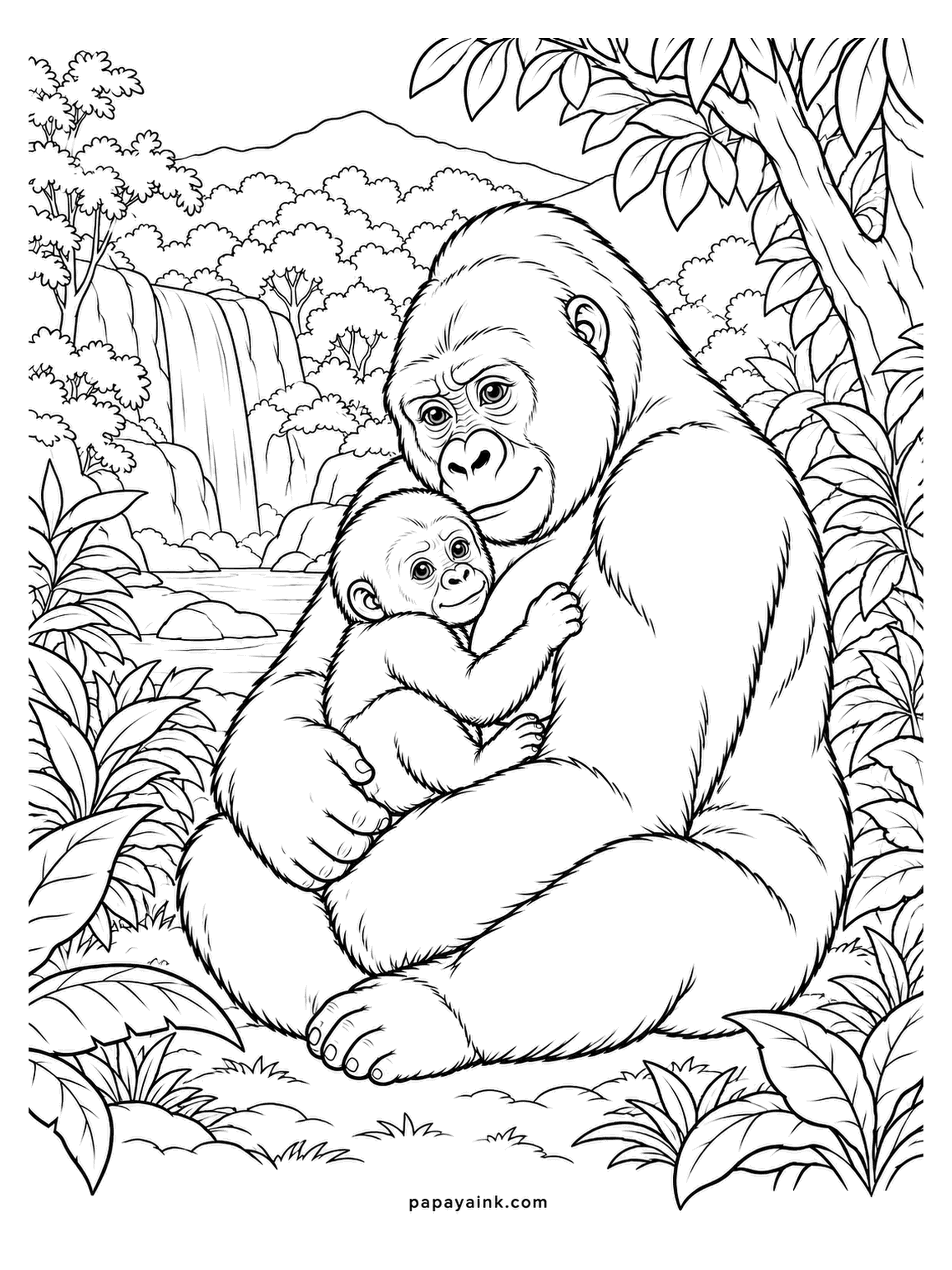 Baby Animal Coloring Pages - Cradled against the mother's chest, the infant looks out at you while she gazes at it. The fur is drawn in long strokes; a deep charcoal wash with black in the folds is enough. Jungle and a waterfall beyond. Detailed.