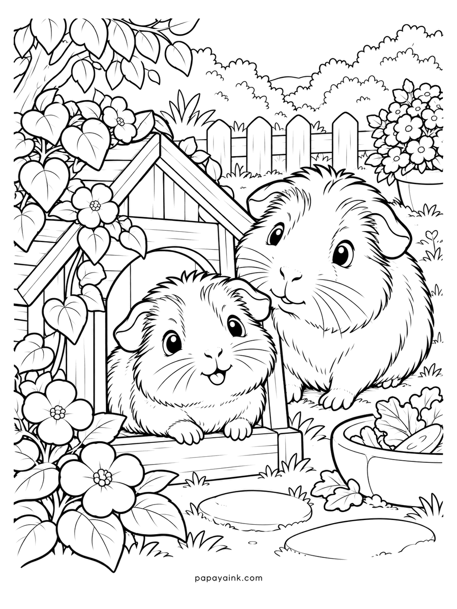 Baby Animal Coloring Pages - A wooden hutch in the garden, a bowl of greens, and guinea pigs - the young one peeking from the doorway, the adult settled outside. Guinea pig pups arrive fully furred with eyes open. Tan and cream patches suit both.