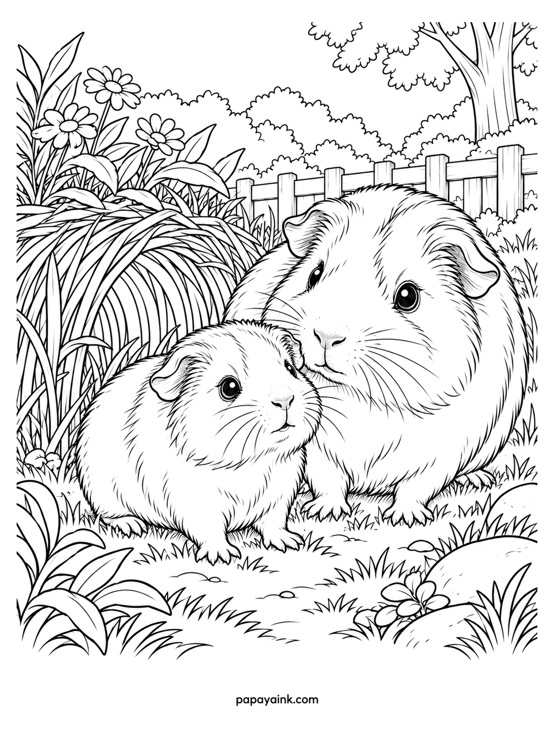 Baby Animal Coloring Pages - Mother and pup in the long grass, the pup pressed close to her side. The coats have a rough, swirled texture that is already drawn, so shade them lightly and let the lines do the work. Try a tricolor: ginger, black and ivory. Detailed.