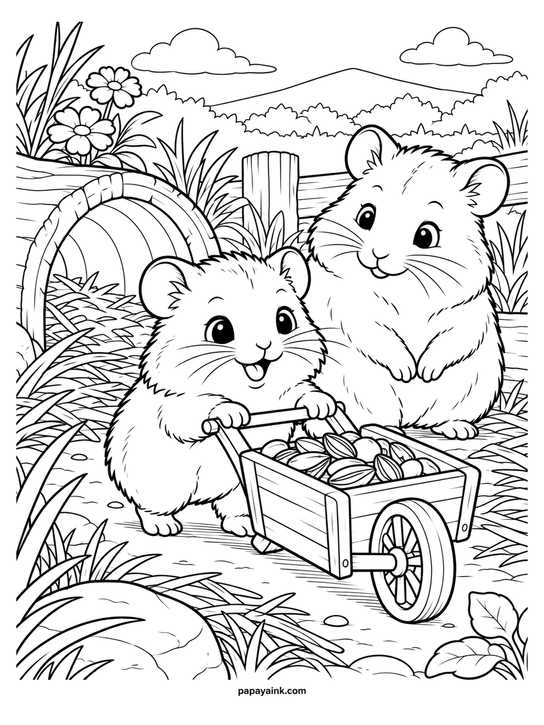 Baby Animal Coloring Pages - The hamster pup is wheeling a cart of sunflower seeds toward the burrow, and the parent is supervising from the rear. Hamsters carry food home in their cheeks, so the cart is an upgrade. Golden sand throughout, a darker stripe down the back.