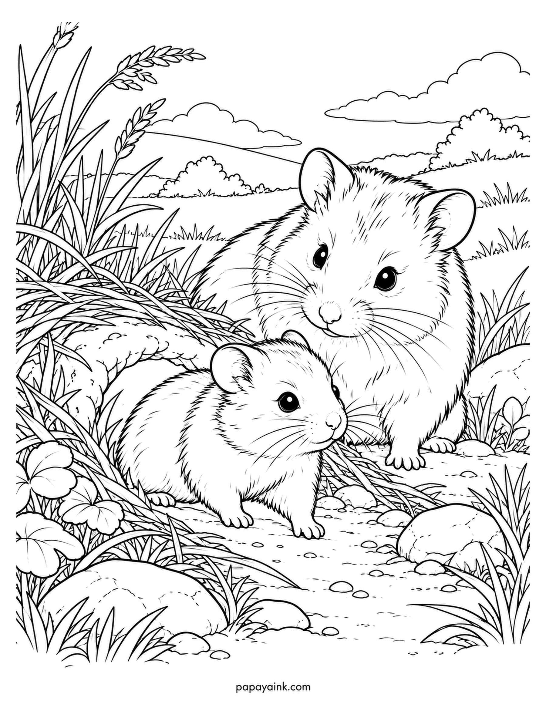 Baby Animal Coloring Pages - Two hamsters in the tall grass, the small one out front, the adult watching over its shoulder. Round bodies, tiny ears, whiskers everywhere. Warm gold with a lighter belly, and a soft blue in the shadows.