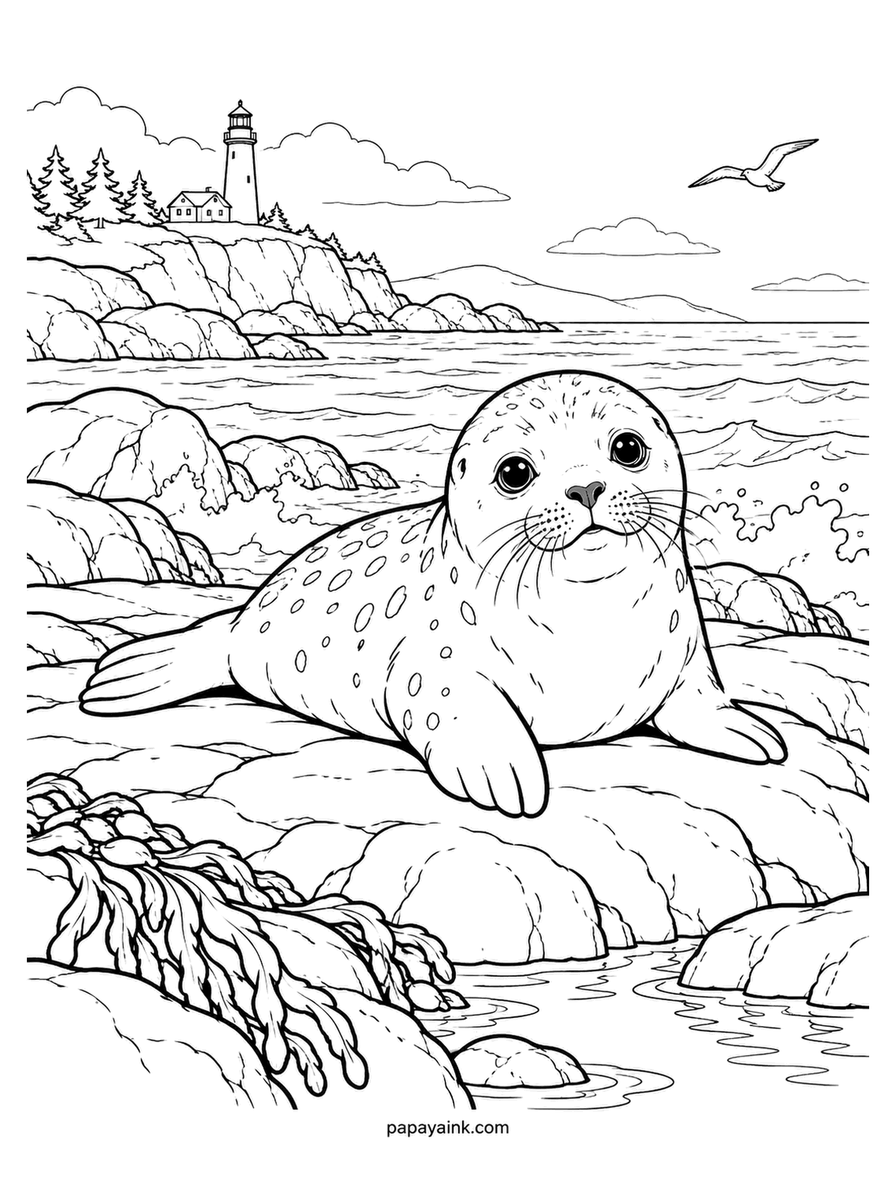 Baby Animal Coloring Pages - Hauled out on the rocks below a lighthouse, the seal pup watches the waves come in. Harbor seals rest on shore like this between swims, and pups are swimming within hours of birth. Kelp drapes the left rock. Detailed.