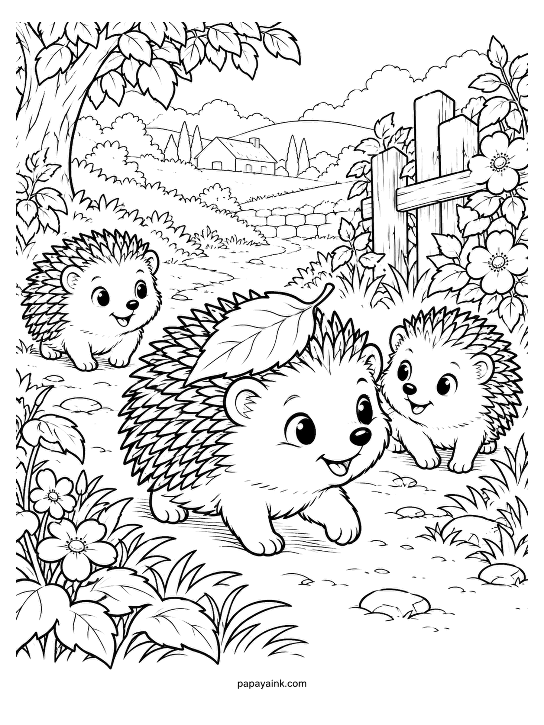 Baby Animal Coloring Pages - Hoglets on a garden path, and the one in the middle has a leaf stuck on its back like a hat. Hedgehog babies are called hoglets and are born with the spines tucked under the skin. Brown for the spines, cream for the faces.