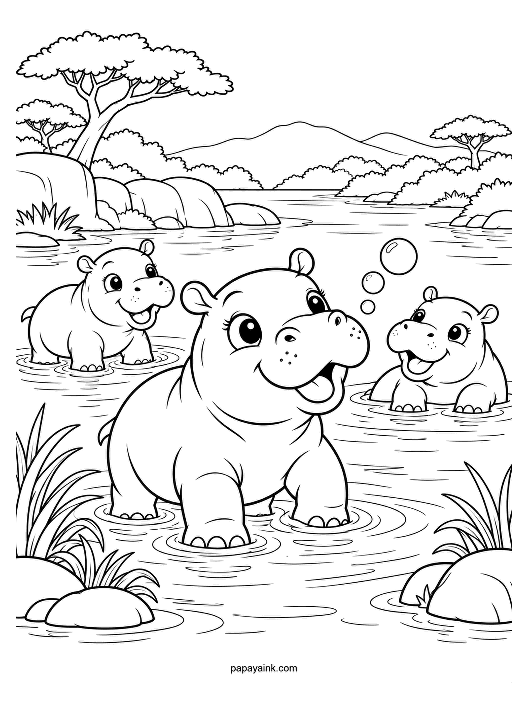 Baby Animal Coloring Pages - Three hippo calves in the river, and the one in front is blowing bubbles on purpose. Hippos are born underwater and surface for their first breath. Slate-pink skin, pinker around the eyes and muzzle, with the water a muddy green.