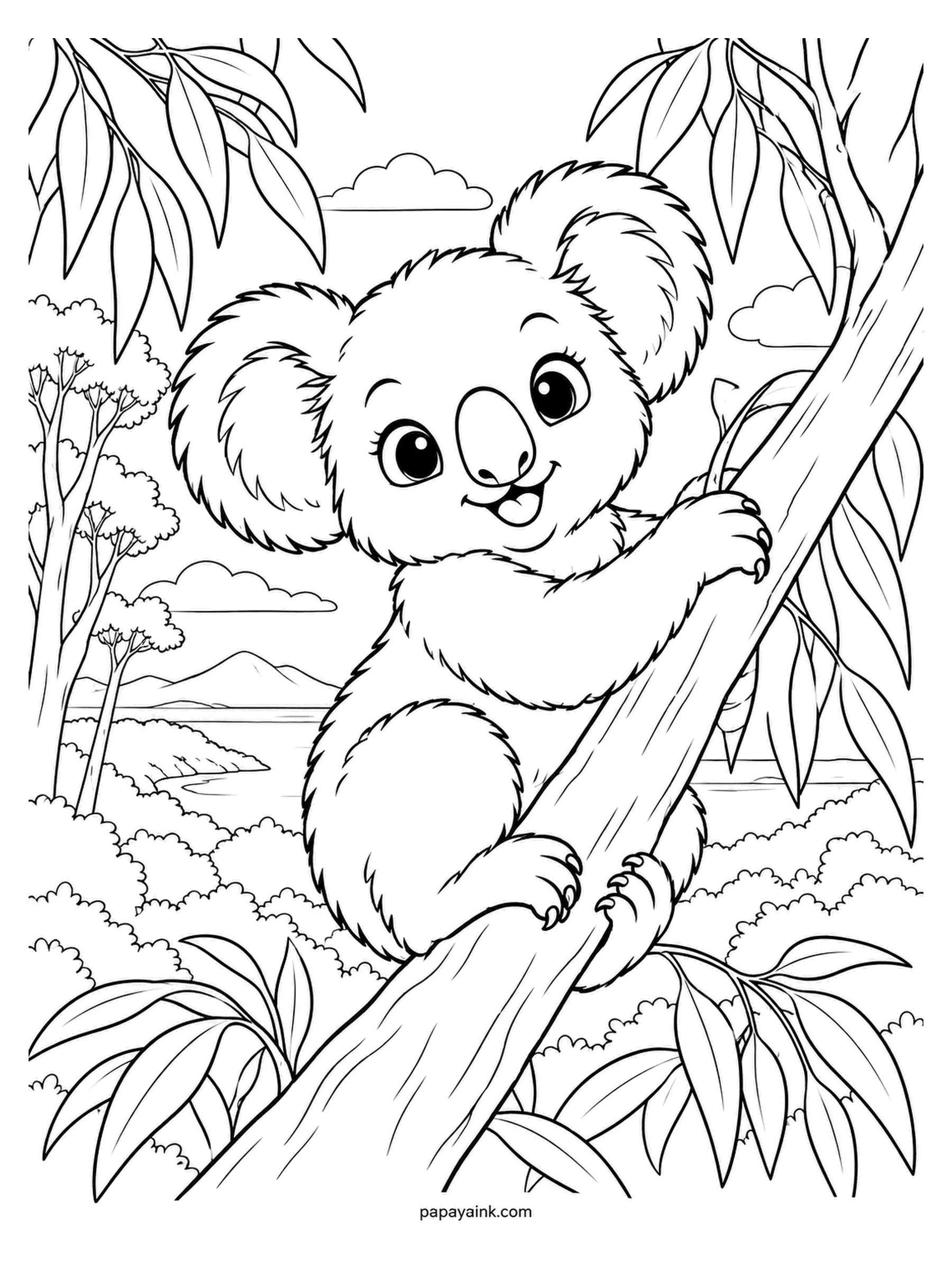 Baby Animal Coloring Pages - Hugging a eucalyptus branch with all four limbs, which is how a koala spends roughly twenty hours a day. Big round ears, a big round snout, a view of the valley through the leaves. Silver coat, dark nose, and go bright green on the eucalyptus.