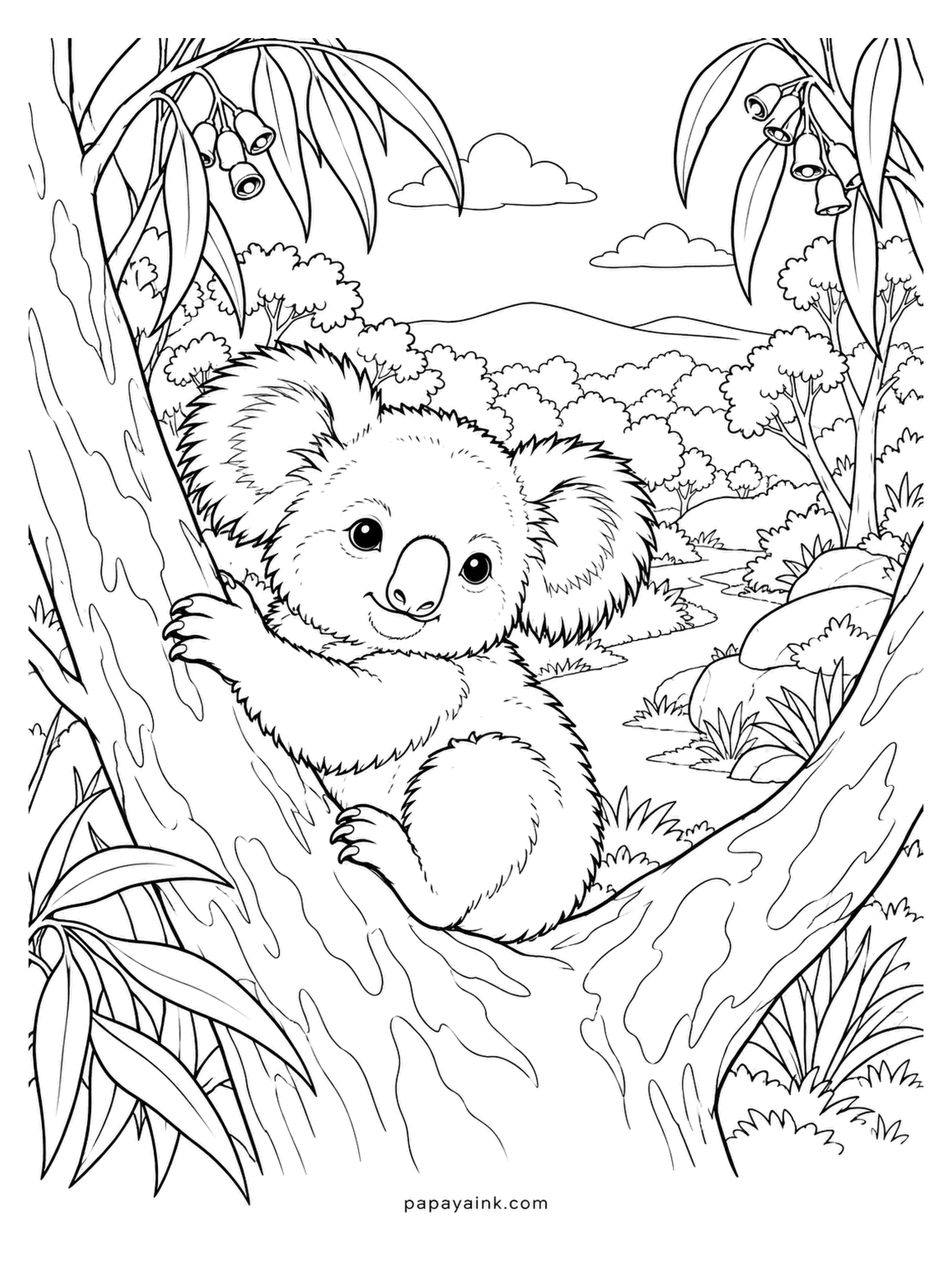 Baby Animal Coloring Pages - Wedged in the fork of a gum tree, the koala joey looks down at you with the tree's seed capsules dangling above. Koala fingerprints are so close to human ones that they can confuse a crime scene. Dove grey with a white chest ruff. Detailed.