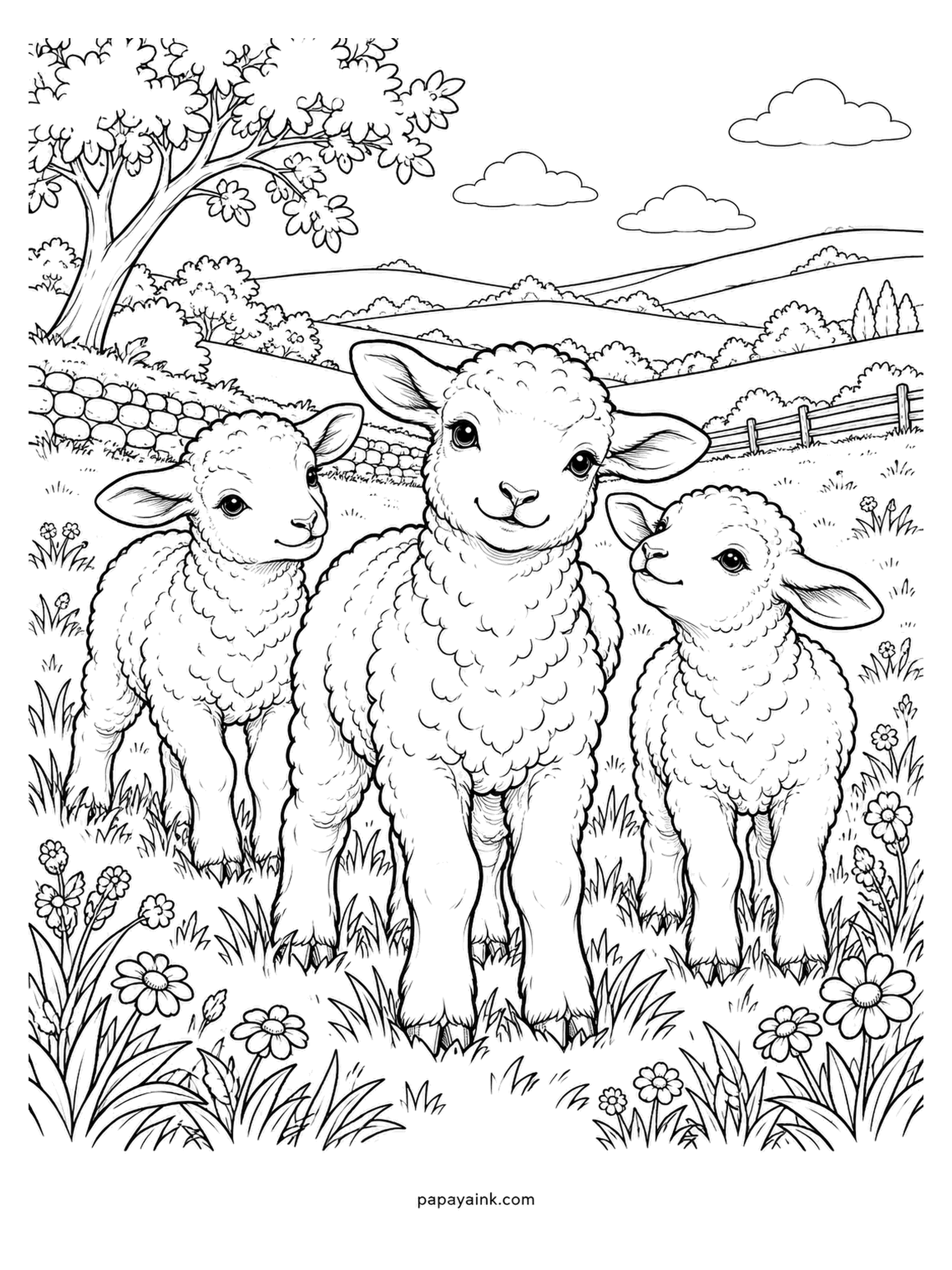 Baby Animal Coloring Pages - Lined up in the pasture, three lambs with a stone wall and rolling hills behind. The wool is drawn curl by curl, so the shading is already done for you: a light gray wash over the fleece and the texture appears on its own. Detailed.