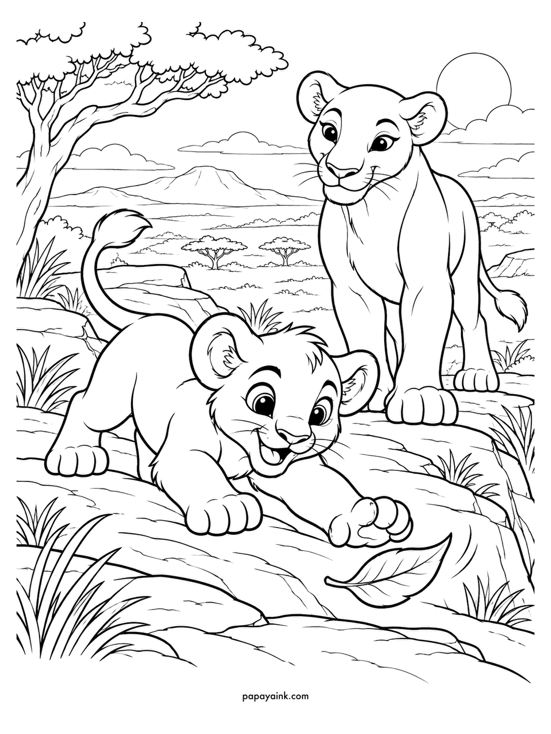 Baby Animal Coloring Pages - Crouched on the rock, the lion cub is stalking a leaf and the lioness lets it happen. Lion cubs are born with faint spots that fade in the first year. Golden tan for both, a darker tuft at the tip, and a low sun.