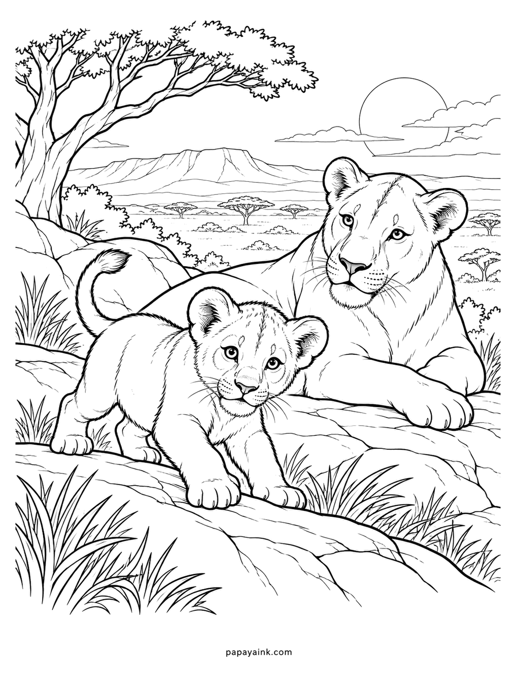 Baby Animal Coloring Pages - The lioness rests on the ledge and the cub steps forward past her paw, head up. Cubs stay hidden for about six weeks before joining the pride. Short dense fur, pale muzzle, a warm amber gaze. Detailed.