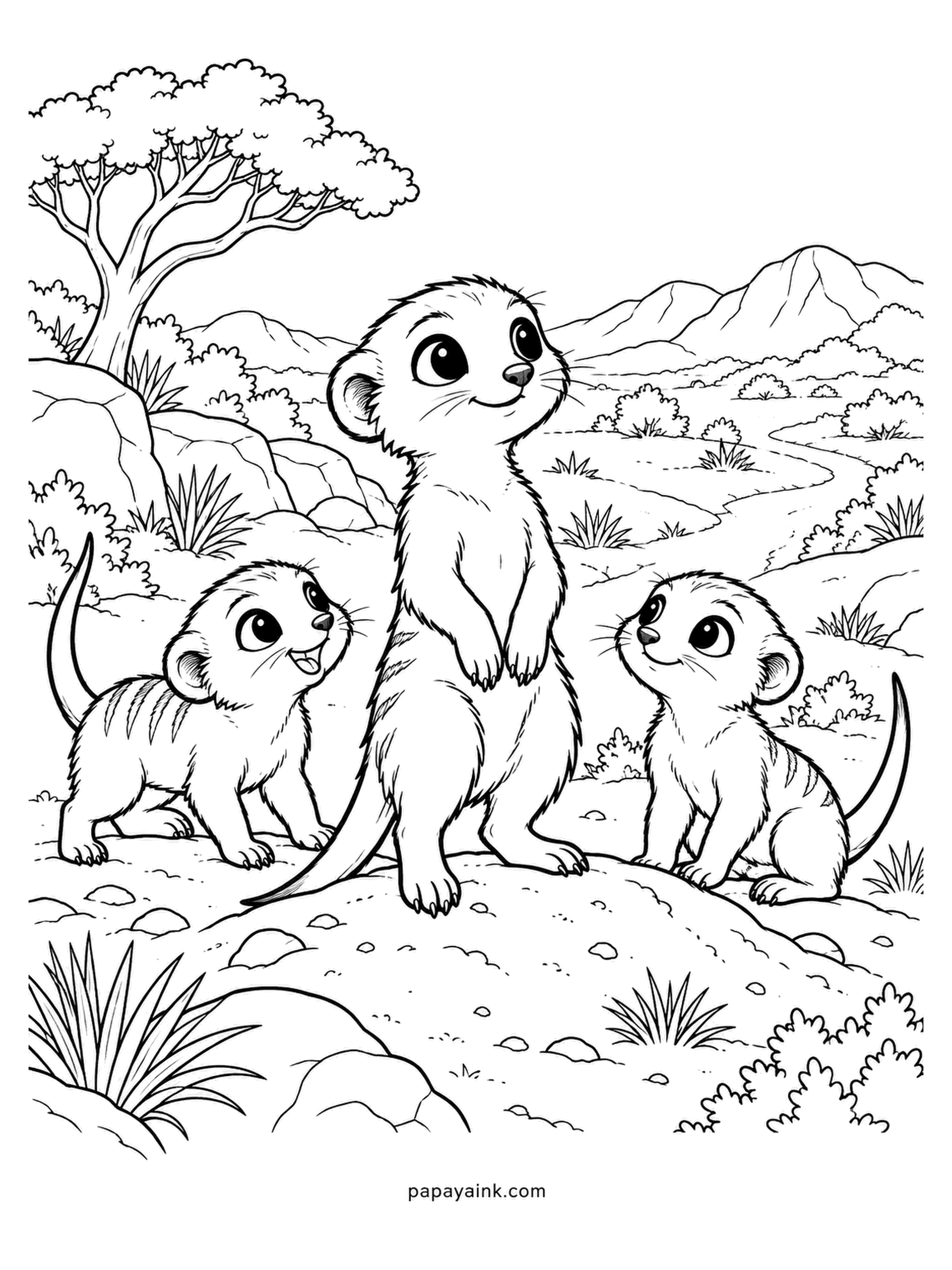 Baby Animal Coloring Pages - One pup on sentry duty, two more at its feet - except the sentry is also a pup and nobody is watching for eagles. Meerkats take turns as lookout for the whole group. Sandy fur, dark eye patches, faint stripes on the back.
