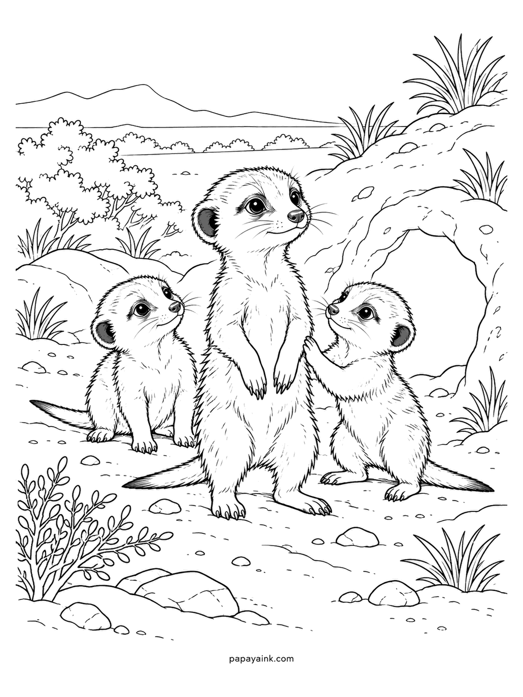 Baby Animal Coloring Pages - Three meerkat pups at the burrow entrance, the tallest standing upright on its hind legs. The dark patches around the eyes cut glare, like an athlete's eye black. Tan with a smoky tinge, and a soft ochre for the sandy ground. Detailed.
