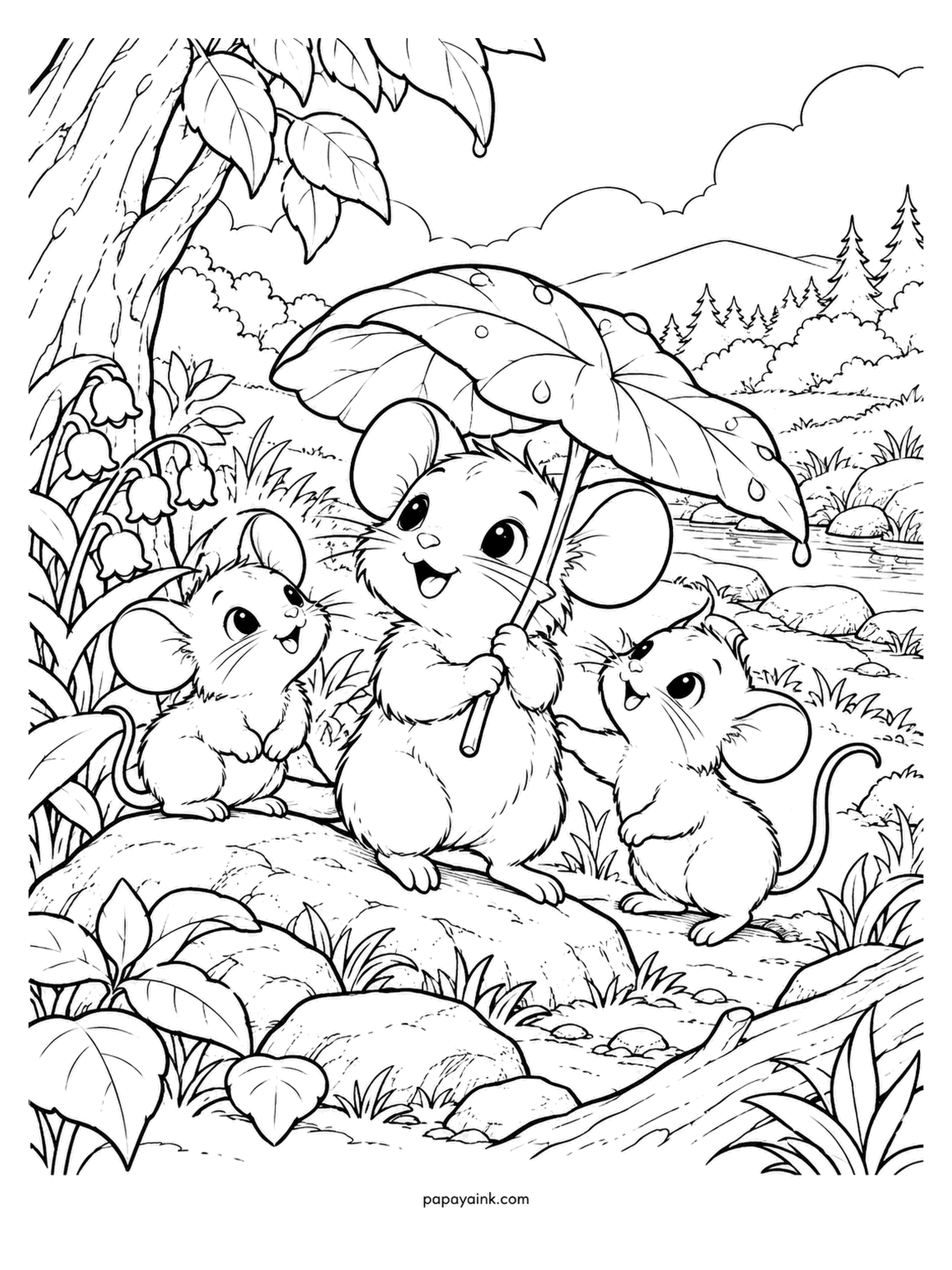 Baby Animal Coloring Pages - It is raining, and the biggest mouse has found an umbrella: a single leaf held over all three. Lily of the valley on the left, pines and a stream behind. Soft grey or fawn for the mice, bright green for the umbrella.