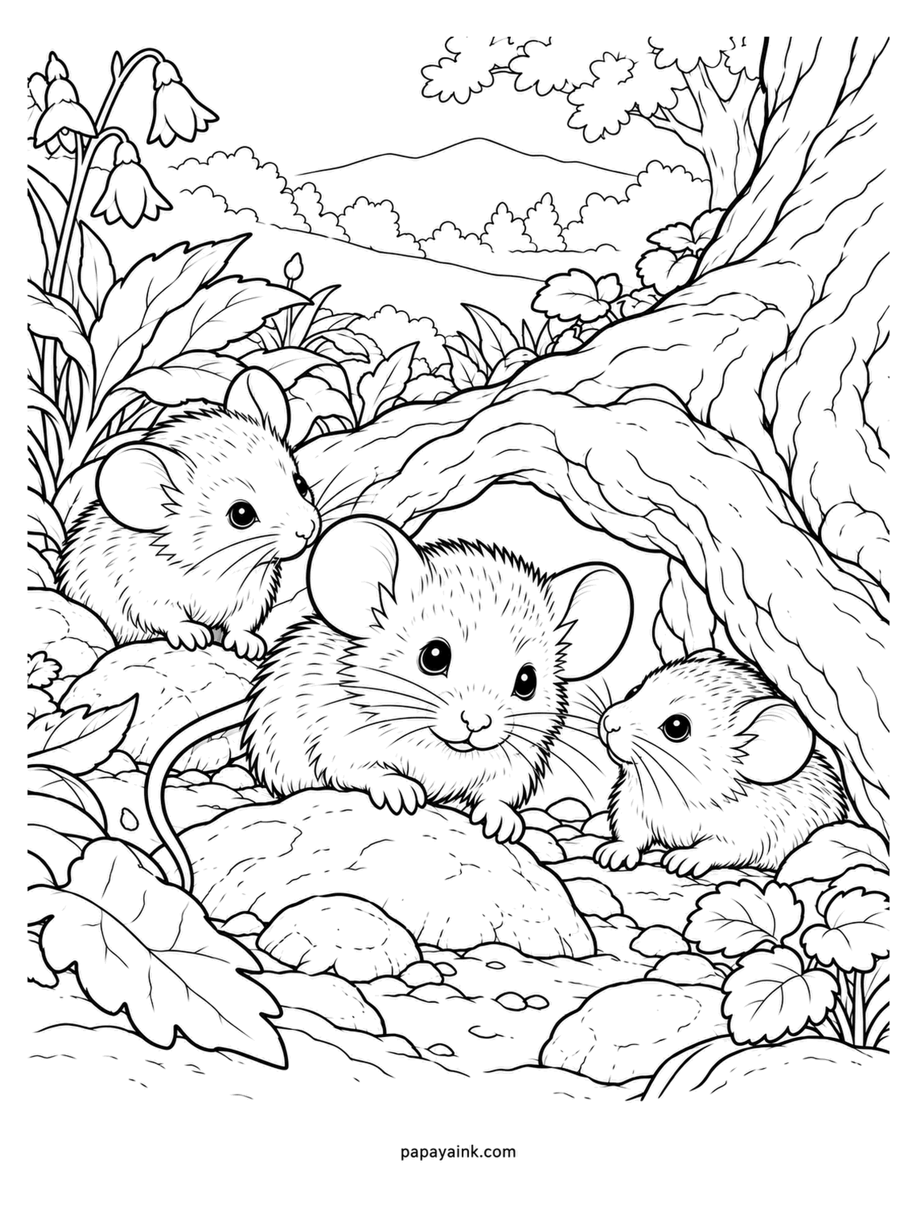 Baby Animal Coloring Pages - Three mouse pups tucked in the roots of an old tree, bluebells overhead. Mice have whiskers longer than the face is wide, which is how they navigate in the dark. Lots of bark and root texture here. Detailed.