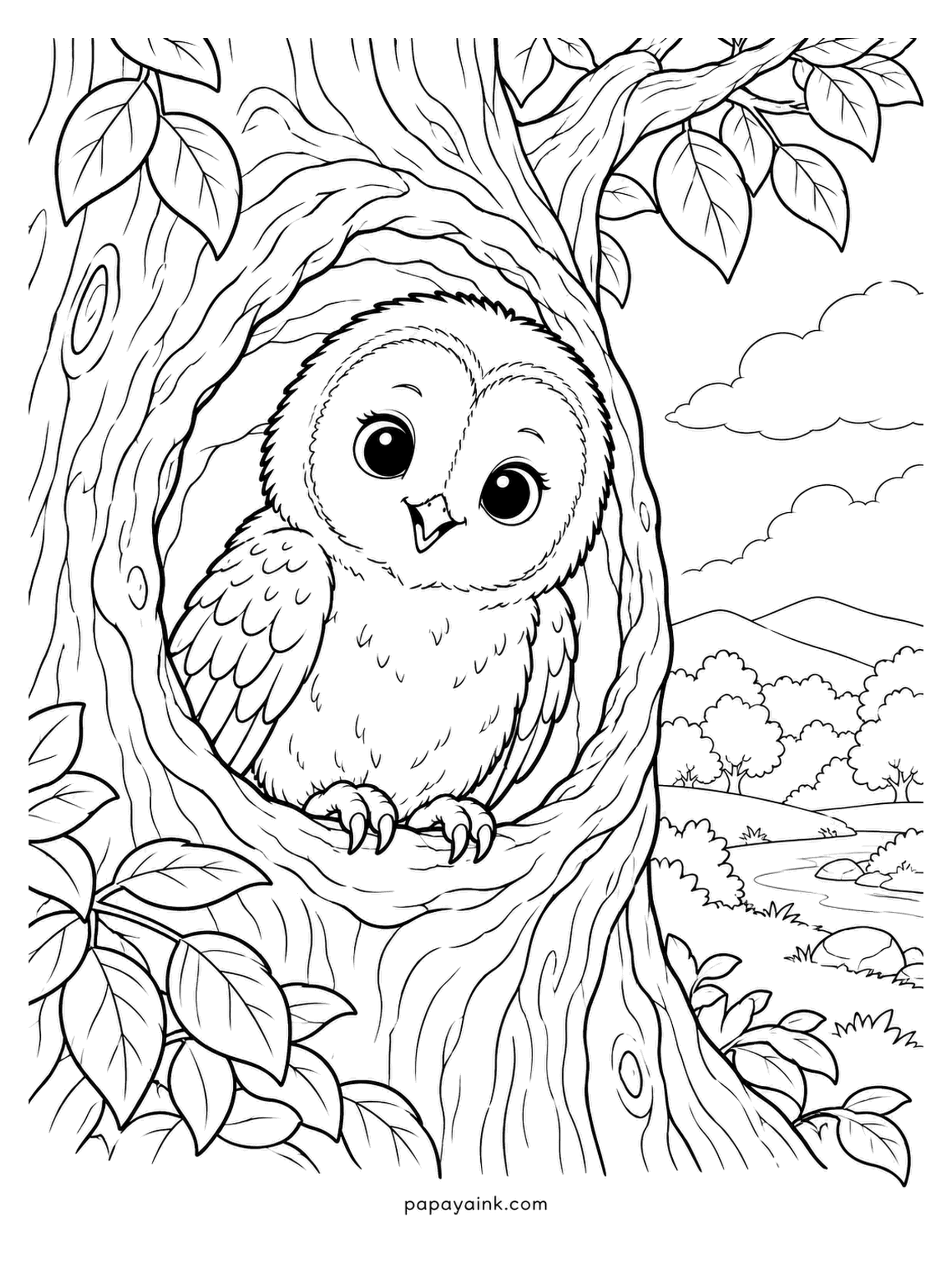 Baby Animal Coloring Pages - Eyes that take up half its face, peering out of a hollow in the trunk. Owlets can turn the head almost all the way round because the eyeballs cannot swivel. Tawny brown with a lighter chest and the bark in warm neutrals.