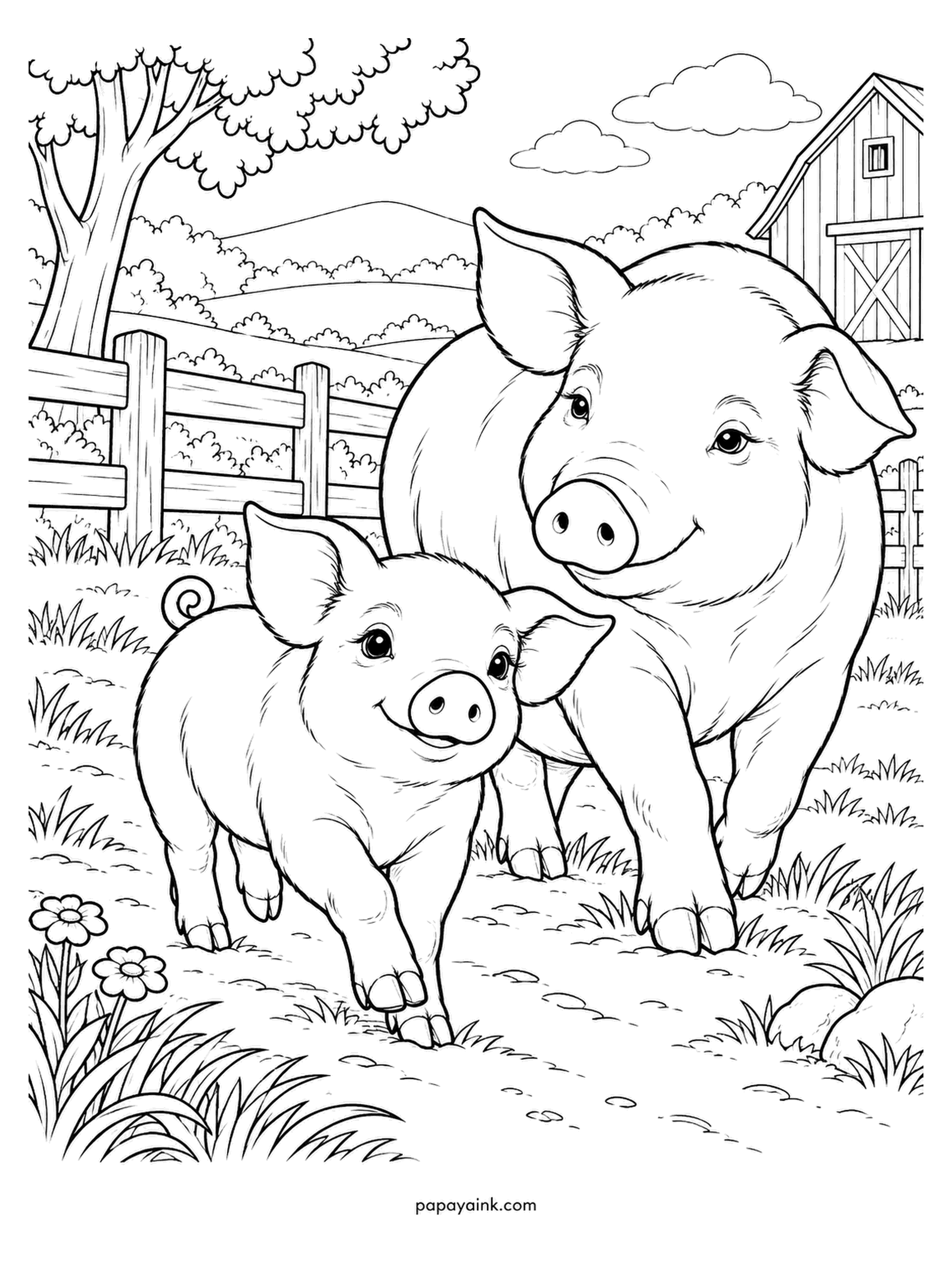 Baby Animal Coloring Pages - Trotting along the paddock edge together, the sow and her piglet, a roof in the corner. Piglets are born with their eyes open and can run within minutes. Soft pink is the obvious choice, but a spotted or ginger breed is just as real.