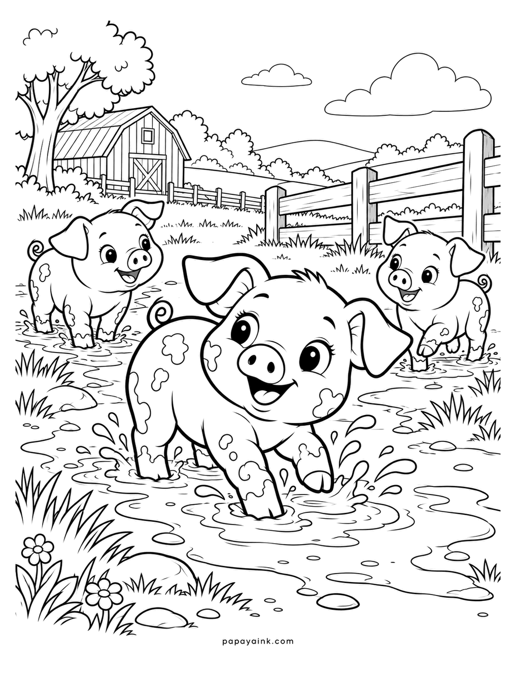 Baby Animal Coloring Pages - Mud is where piglets go to cool off, since pigs barely sweat - it is not misbehavior, it is air conditioning. Spotted piglets, one puddle, splash marks in every direction. Brown mud, pink pigs.
