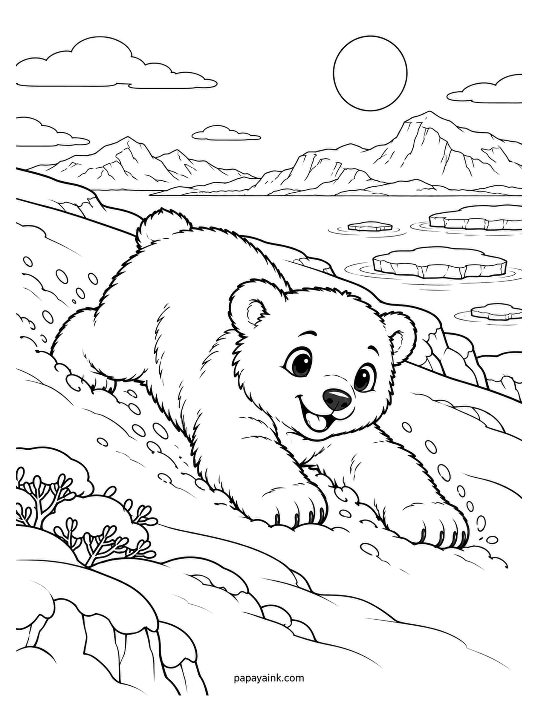 Baby Animal Coloring Pages - Sliding belly-first down a snow bank toward the sea ice, paws out, perfectly happy about it. Polar bear cubs spend spring playing on slopes like this. Keep the bear uncolored and put everything into the sky, the sea and the hills.