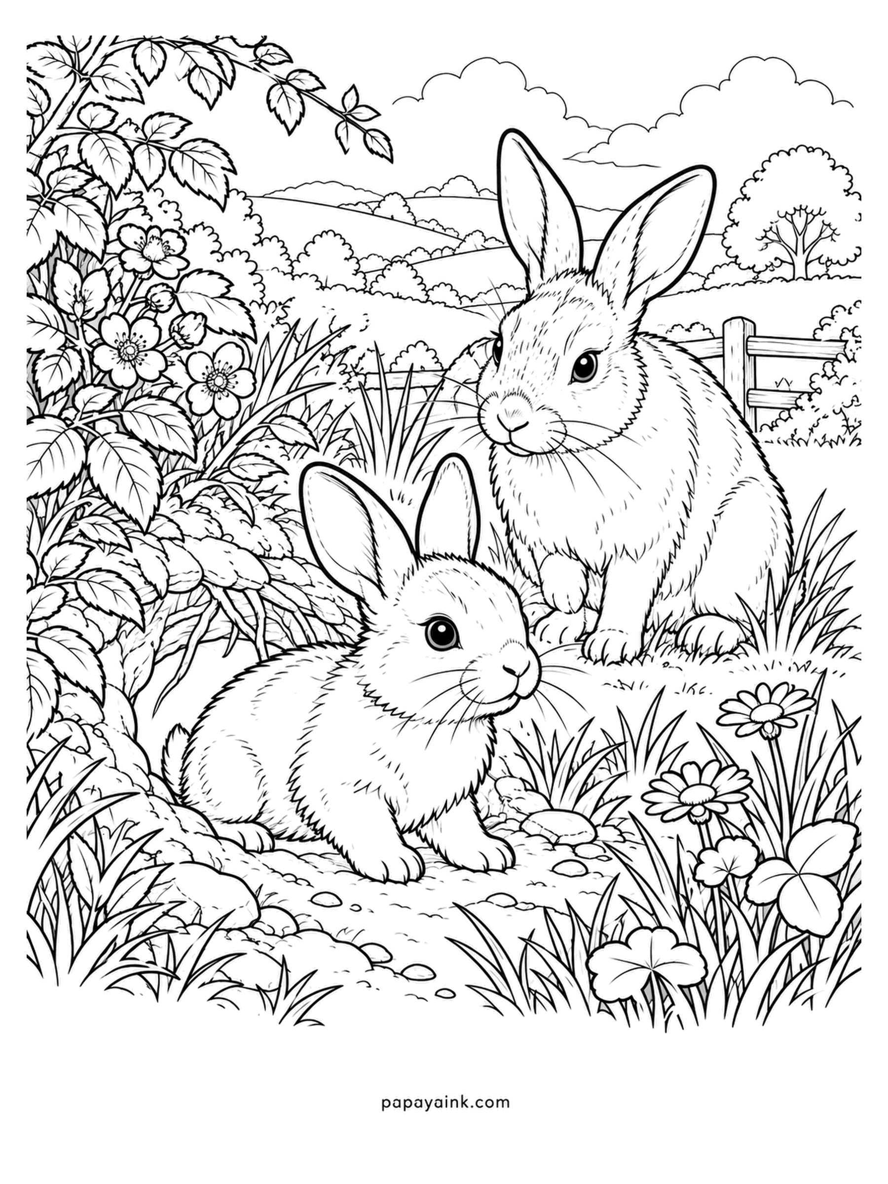 Baby Animal Coloring Pages - Mother rabbit and kit resting by a bramble in flower, a fence and hills behind. Wild rabbits are agouti - each hair banded in several shades - so a layered tan with a darker edge looks right. Fine fur and foliage throughout. Detailed.