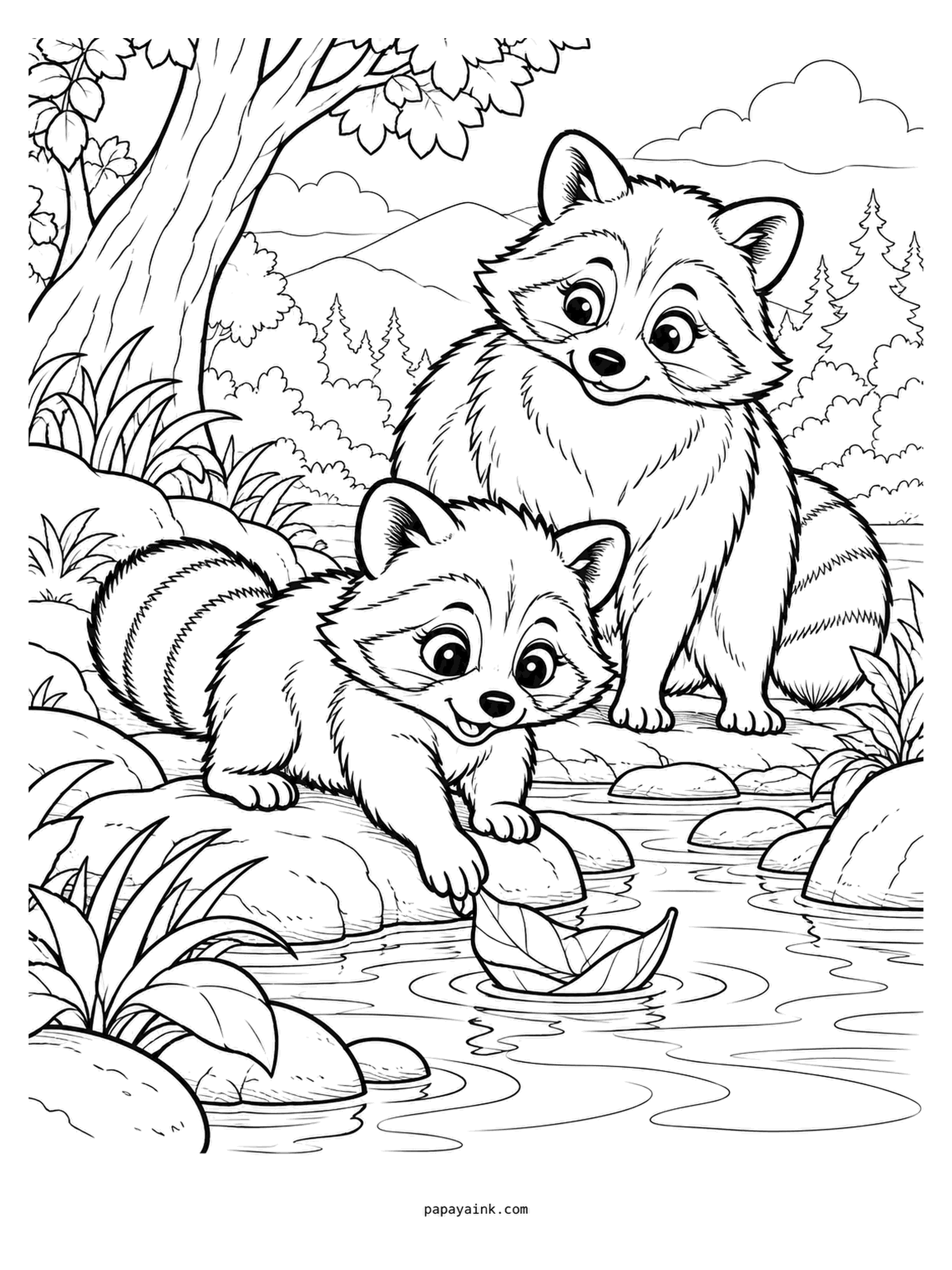 Baby Animal Coloring Pages - The raccoon kit is reaching into the stream for a floating leaf while the parent leans in to see what the fuss is about. Raccoons handle everything with their front paws, the stream included. Smoky body, black mask, ringed tail in two tones.