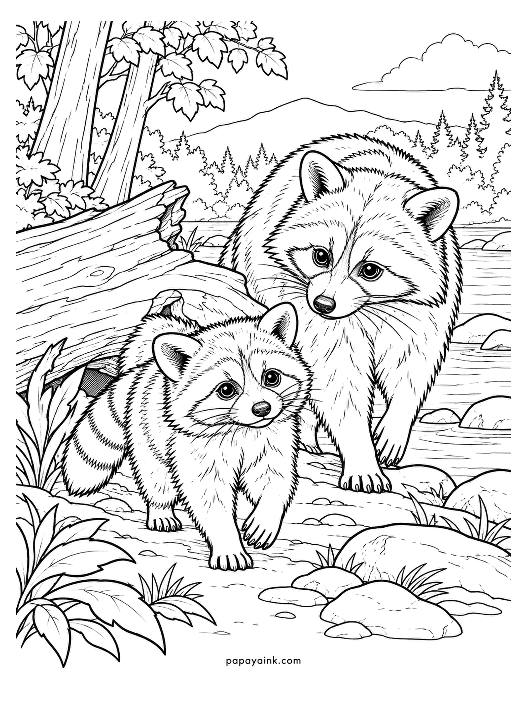 Baby Animal Coloring Pages - Emerging from a hollow log at the lake edge, the raccoon mother and her kit, maple leaves above and pines on the opposite bank. Raccoon kits wear the mask from the first weeks. Shade the rings and the mask before the body. Detailed.