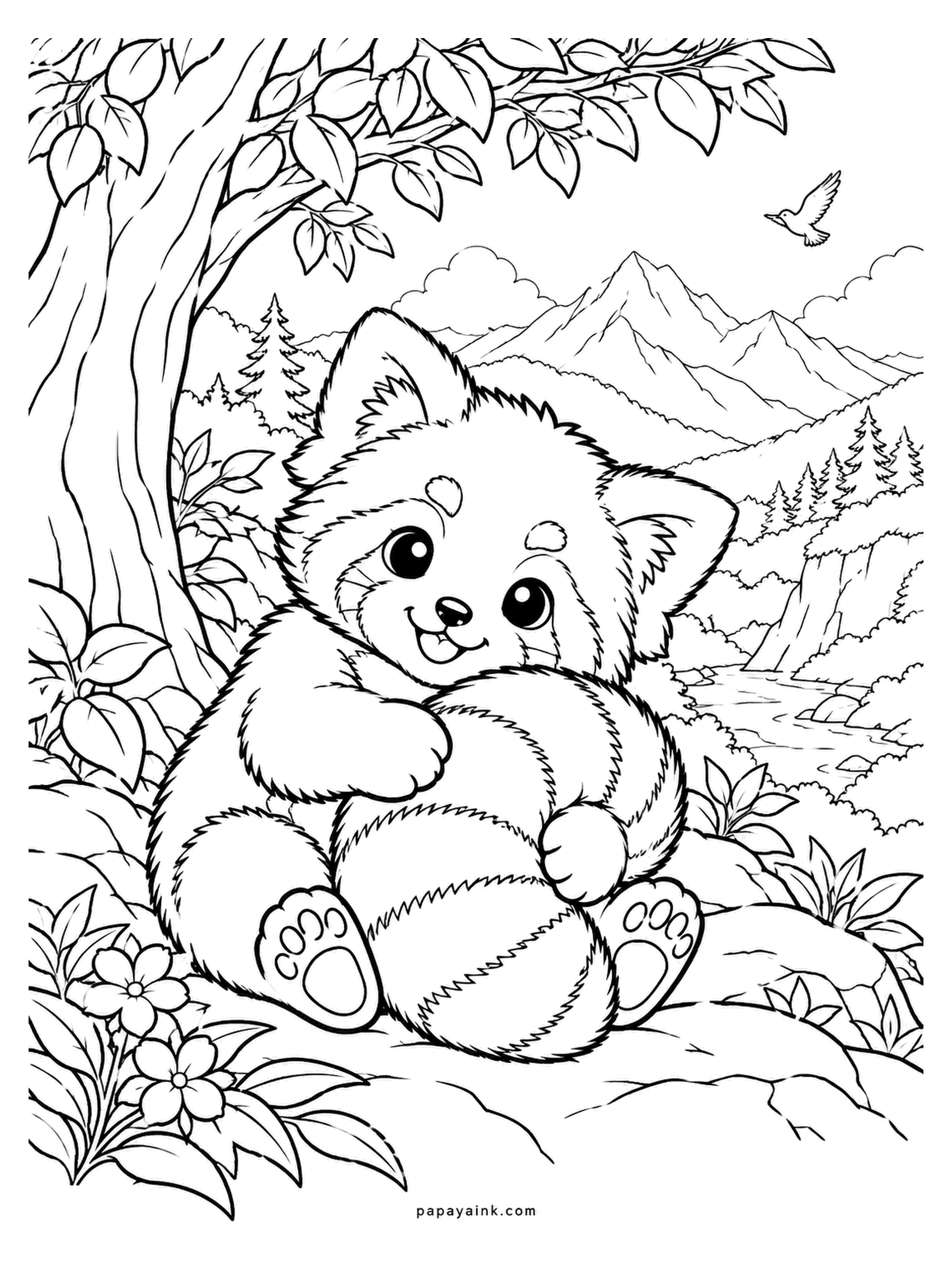 Baby Animal Coloring Pages - Sitting against a tree with its ringed tail hugged to its chest like a pillow. Red pandas really do wrap themselves in it to keep warm. Rust body, pale face markings, and sooty legs and belly.