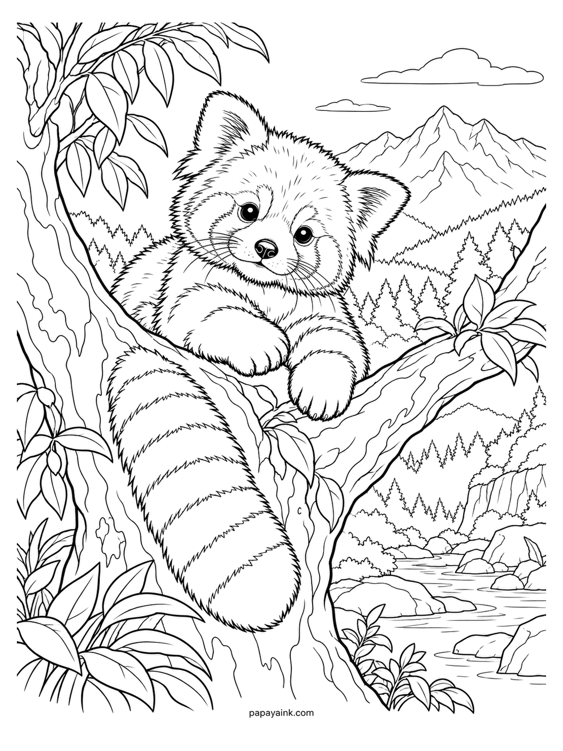 Baby Animal Coloring Pages - Peering down from a branch, tail hanging below, mountains and a river between the trees. Red pandas are not related to giant pandas; the name is older. Chestnut red, cream on the inner ear, and alternating rust and cream rings along its length. Detailed.