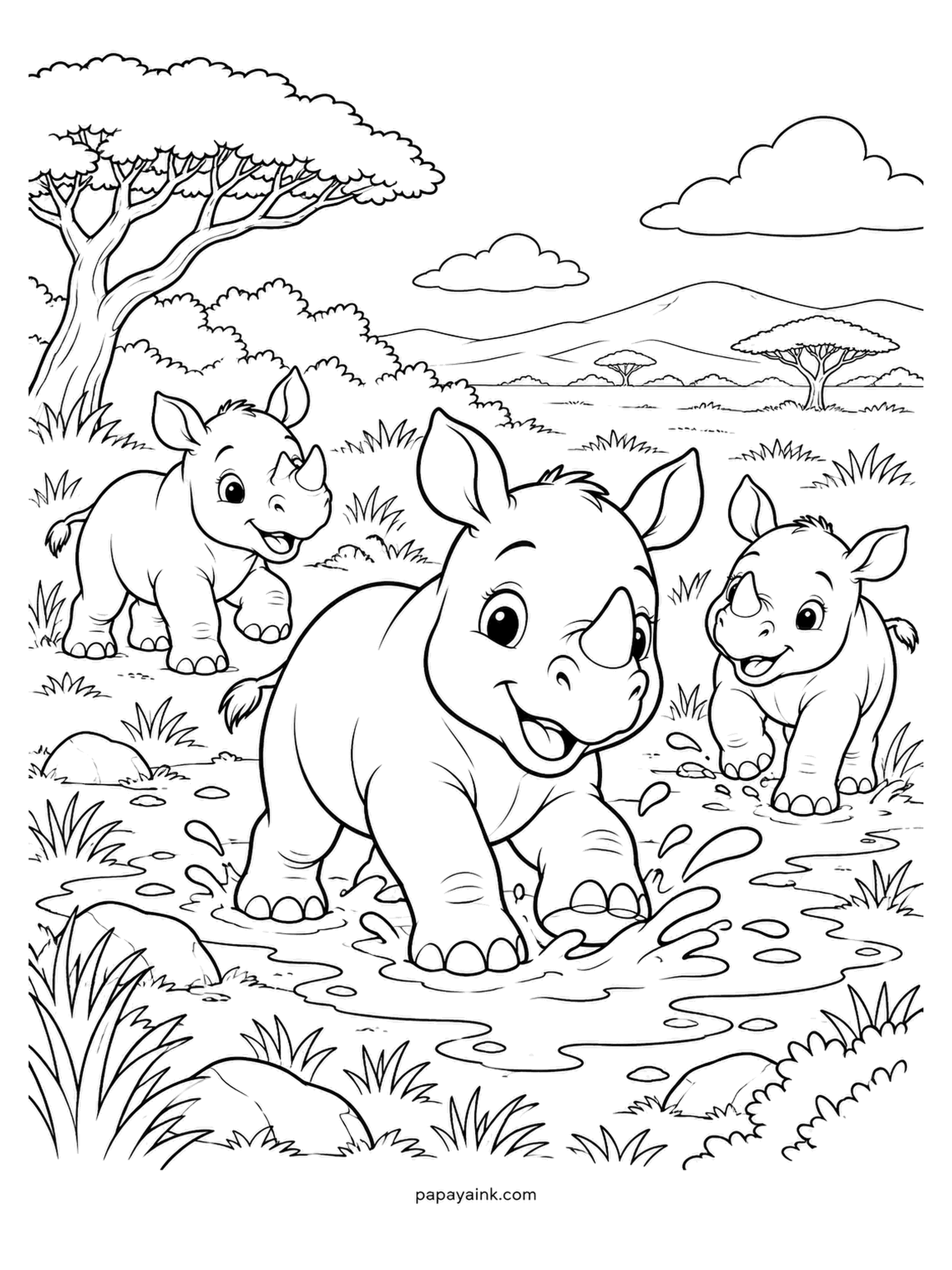 Baby Animal Coloring Pages - Three rhino calves have found the one puddle on the savanna and are using it properly. The horn is just a bump at this age. Pewter skin, a little browner where the mud has reached, and a wide blue sky.