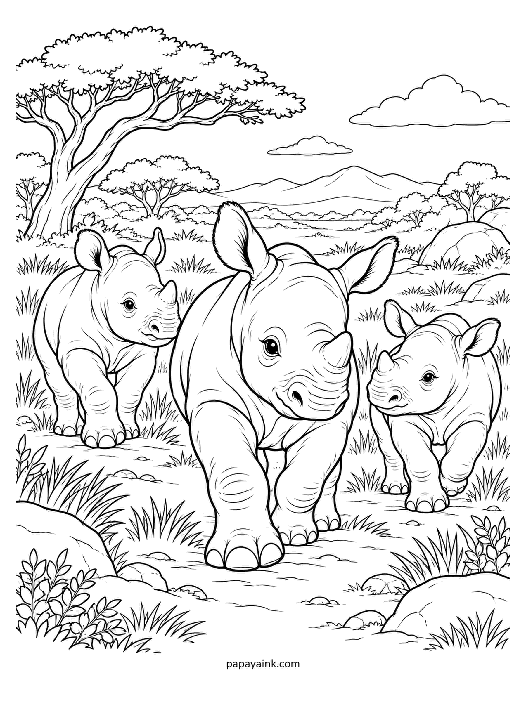 Baby Animal Coloring Pages - Rhino calves on the move, folds of skin mapped across the shoulders and legs. A rhino horn is made of keratin, the same stuff as your fingernails, and keeps growing all its life. Stone grey with the deeper creases a shade darker. Detailed.