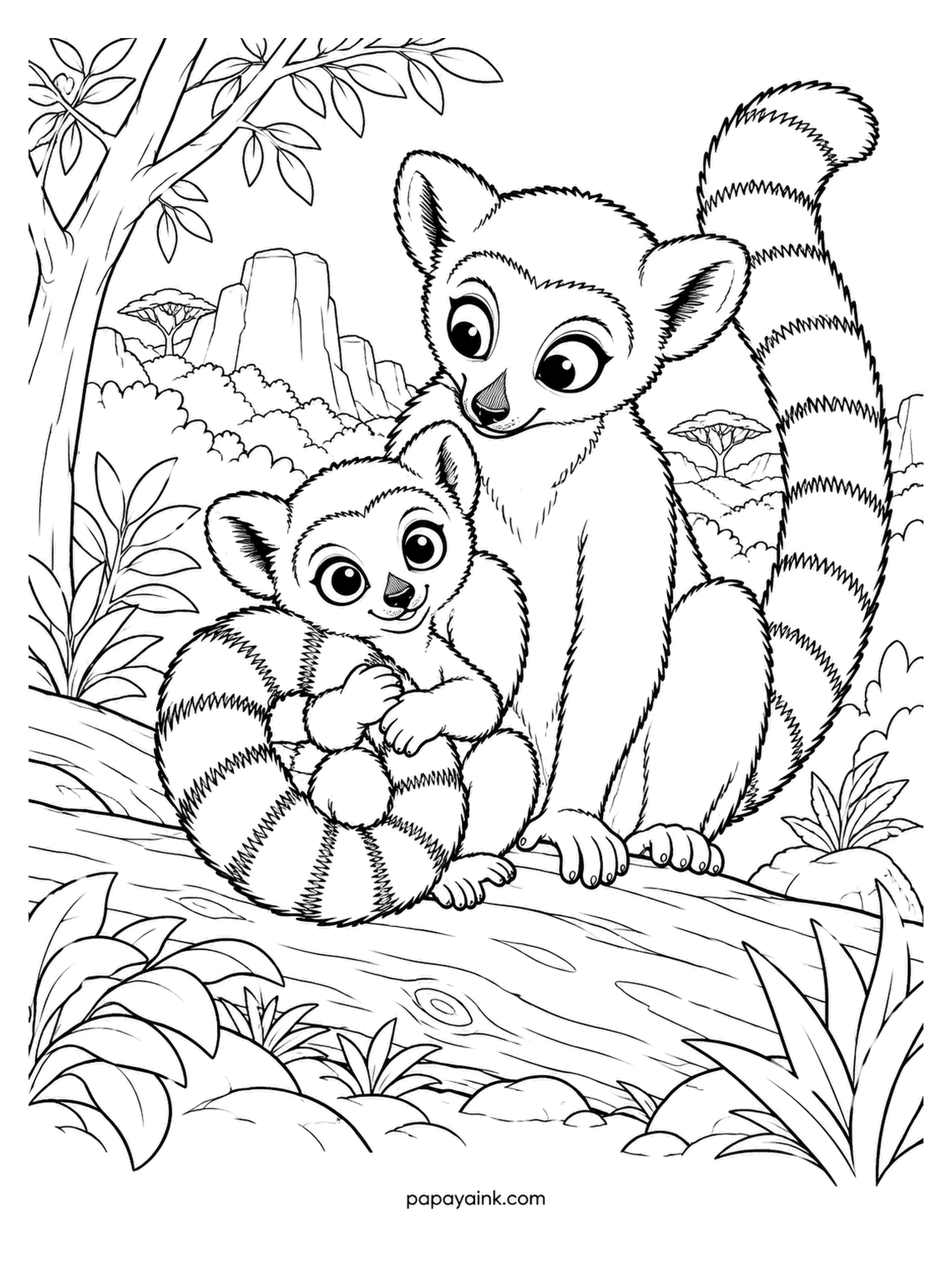 Baby Animal Coloring Pages - Sitting on a log with the infant curled into its own tail like a scarf, the ring-tailed lemur parent looks down with that permanently surprised face. Lemurs live only in Madagascar. Ashy bodies, striped tails.