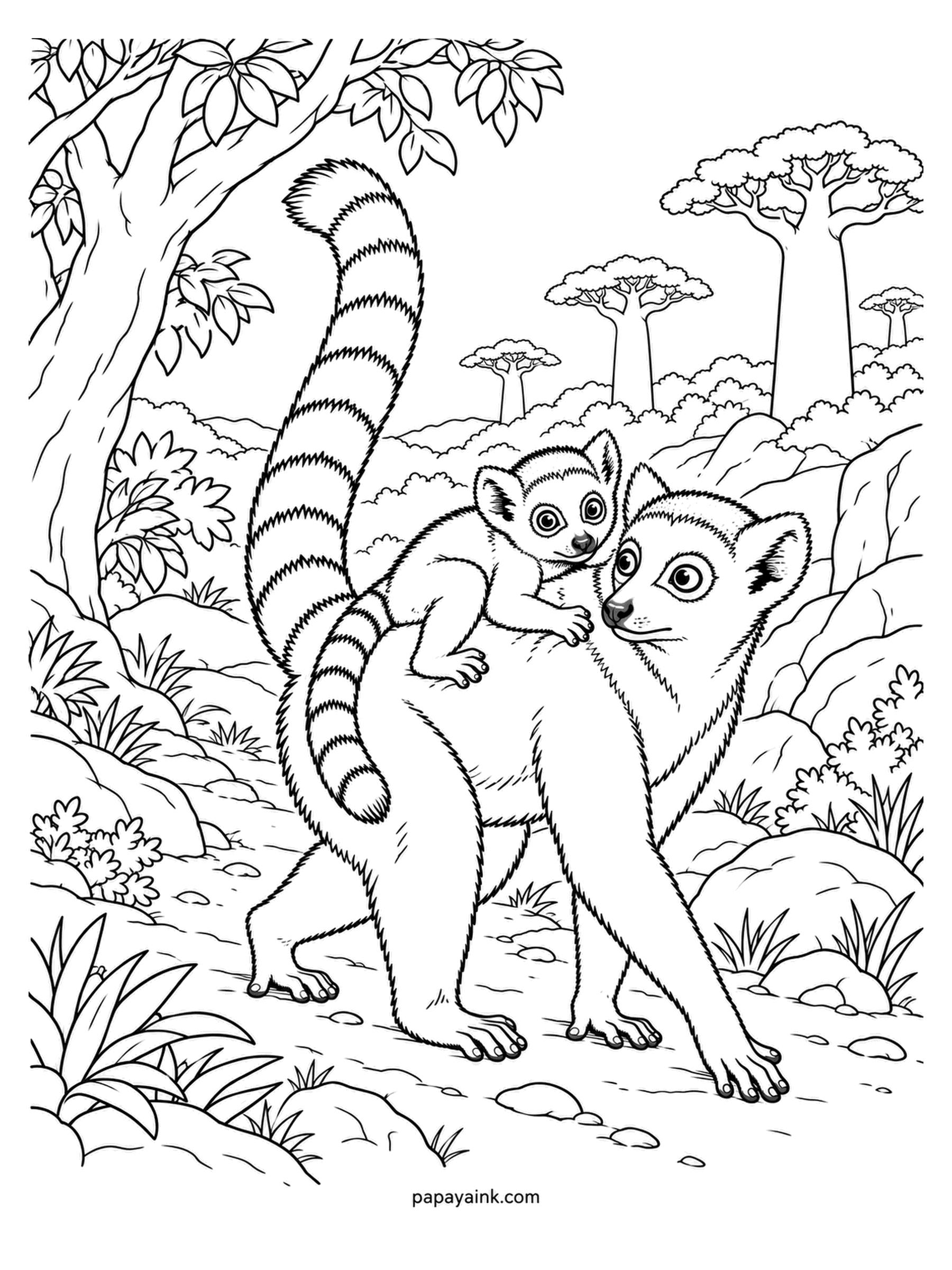 Baby Animal Coloring Pages - Riding on its mother's back through the baobab scrub, the infant lemur holds on with hands and feet. Ring-tailed lemur tails have about a dozen black rings. Smoky bodies, pale faces with dusky eye patches. Detailed.