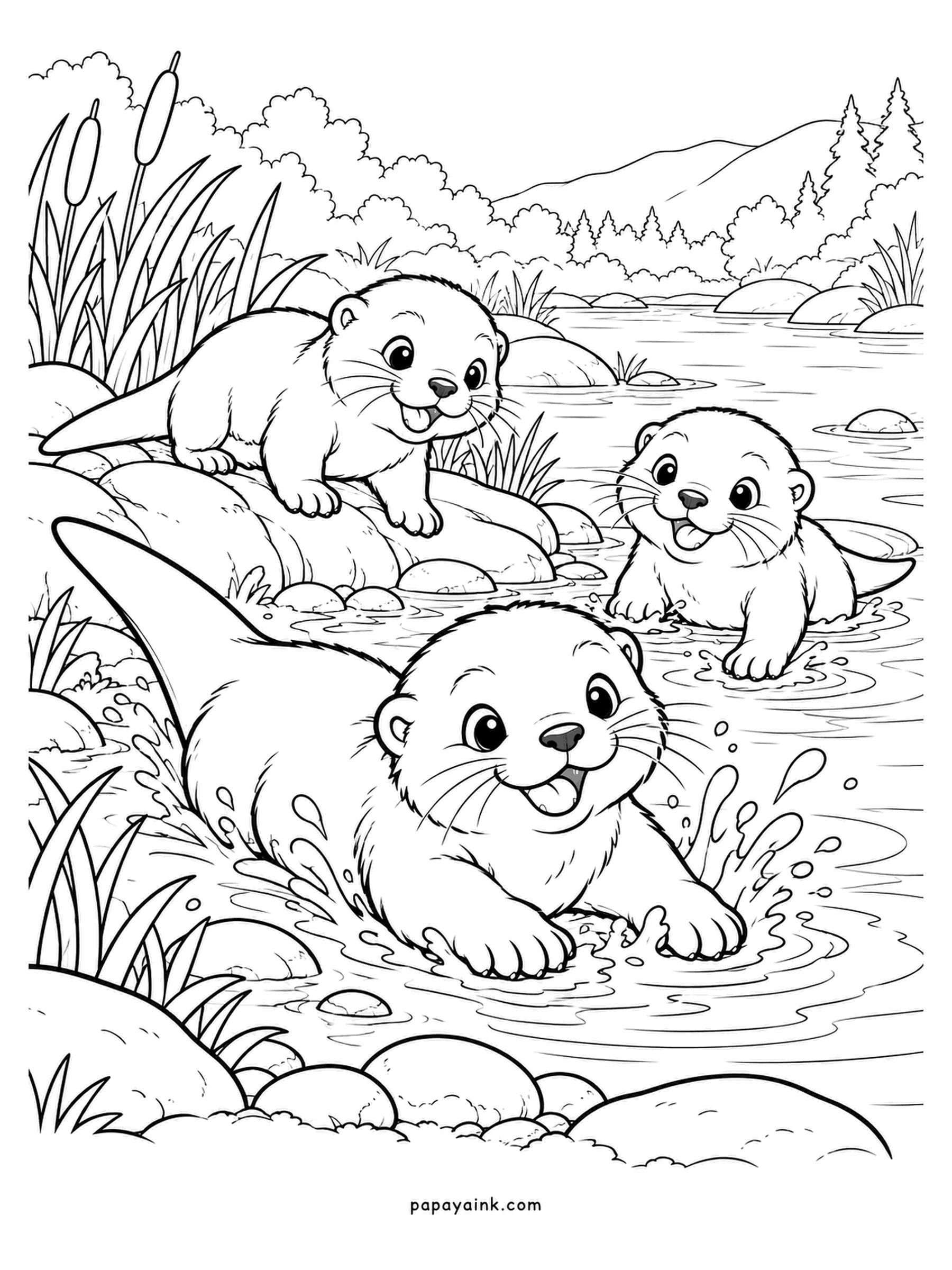 Baby Animal Coloring Pages - Belly-flop into the shallows, splash in every direction, one pup still on the rock and one already paddling. River otter pups are taught to swim by being dragged in; this one has clearly graduated. Dark brown with a lighter chin and throat.