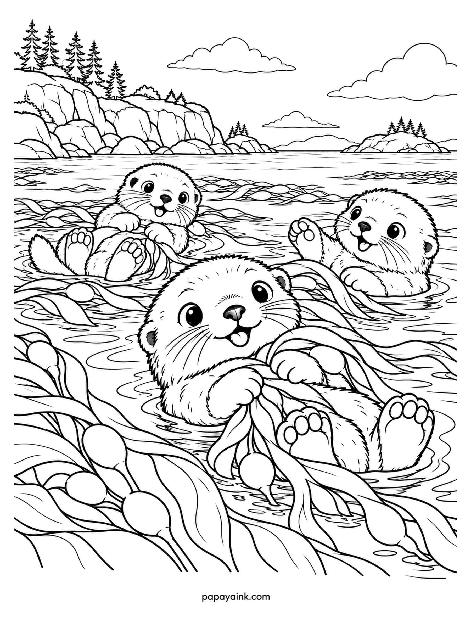 Baby Animal Coloring Pages - Floating on their backs in the kelp, three sea otter pups, the front one hugging a strand so it does not drift off - exactly how wild sea otters sleep. Rocky shore and pines beyond. Tawny bodies, a lighter face, olive fronds.