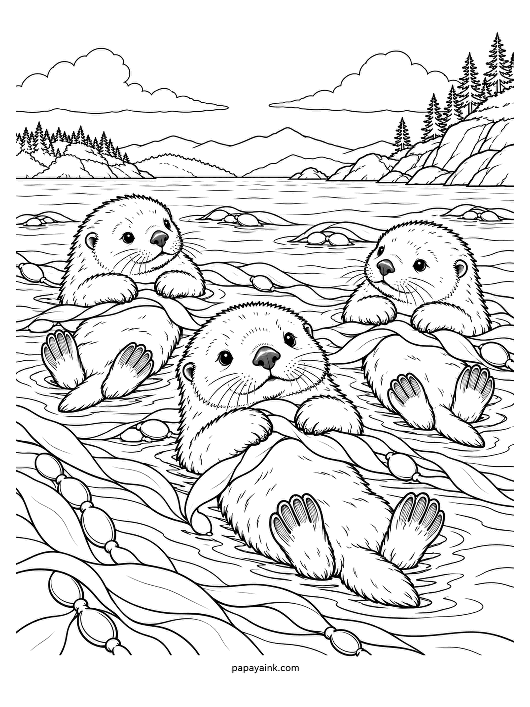 Baby Animal Coloring Pages - Sea otter pups rafting together on a calm bay, webbed hind feet in the air, kelp fronds and floats below. Sea otter fur is the densest of any animal, around a million hairs per square inch. Dark chocolate bodies, pale heads. Detailed.